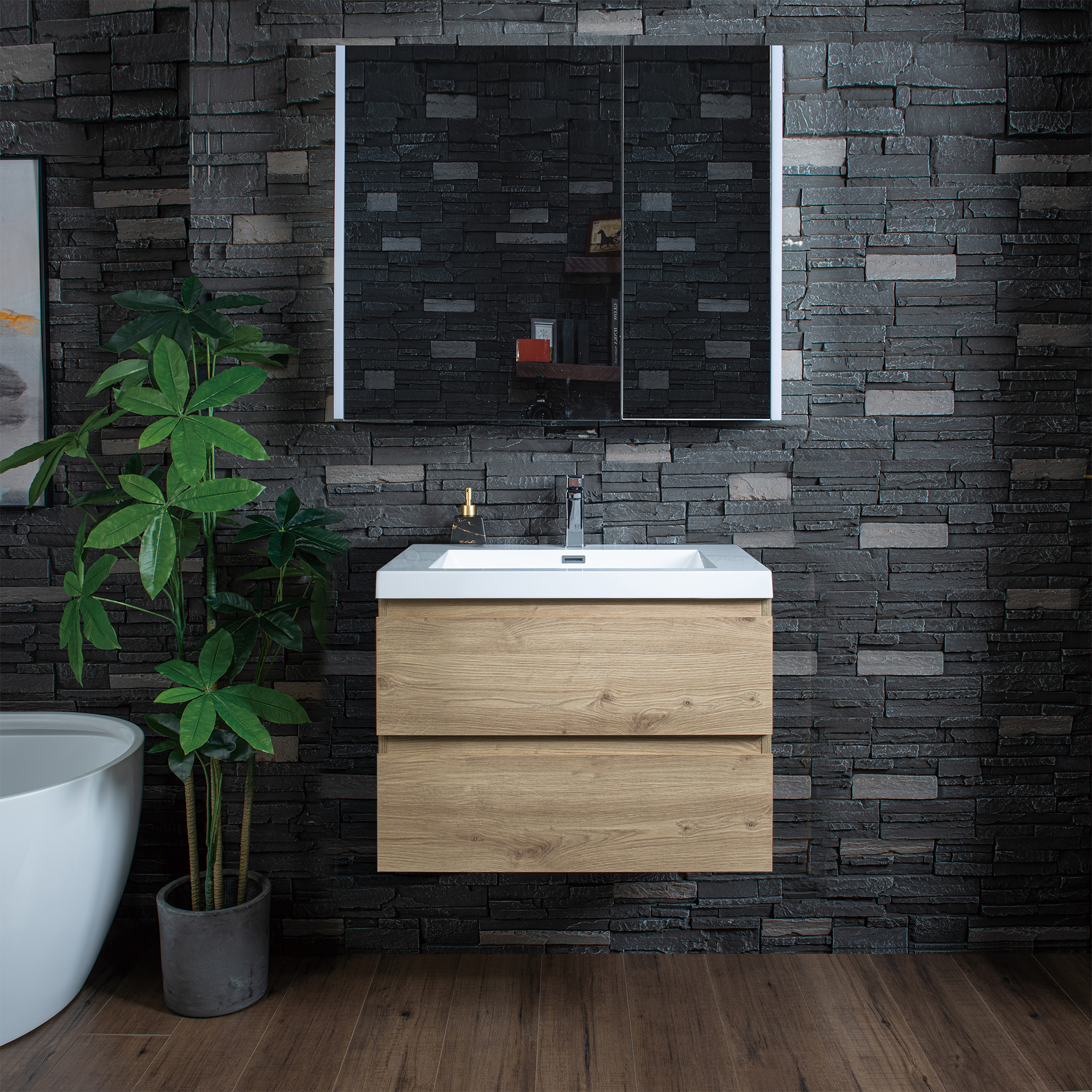 WOODBRIDGE 30 in. W x 19 in. D Wall Mounted Floating Vanity in Natural Oak with Resin Composite Vanity Top in Glossy White