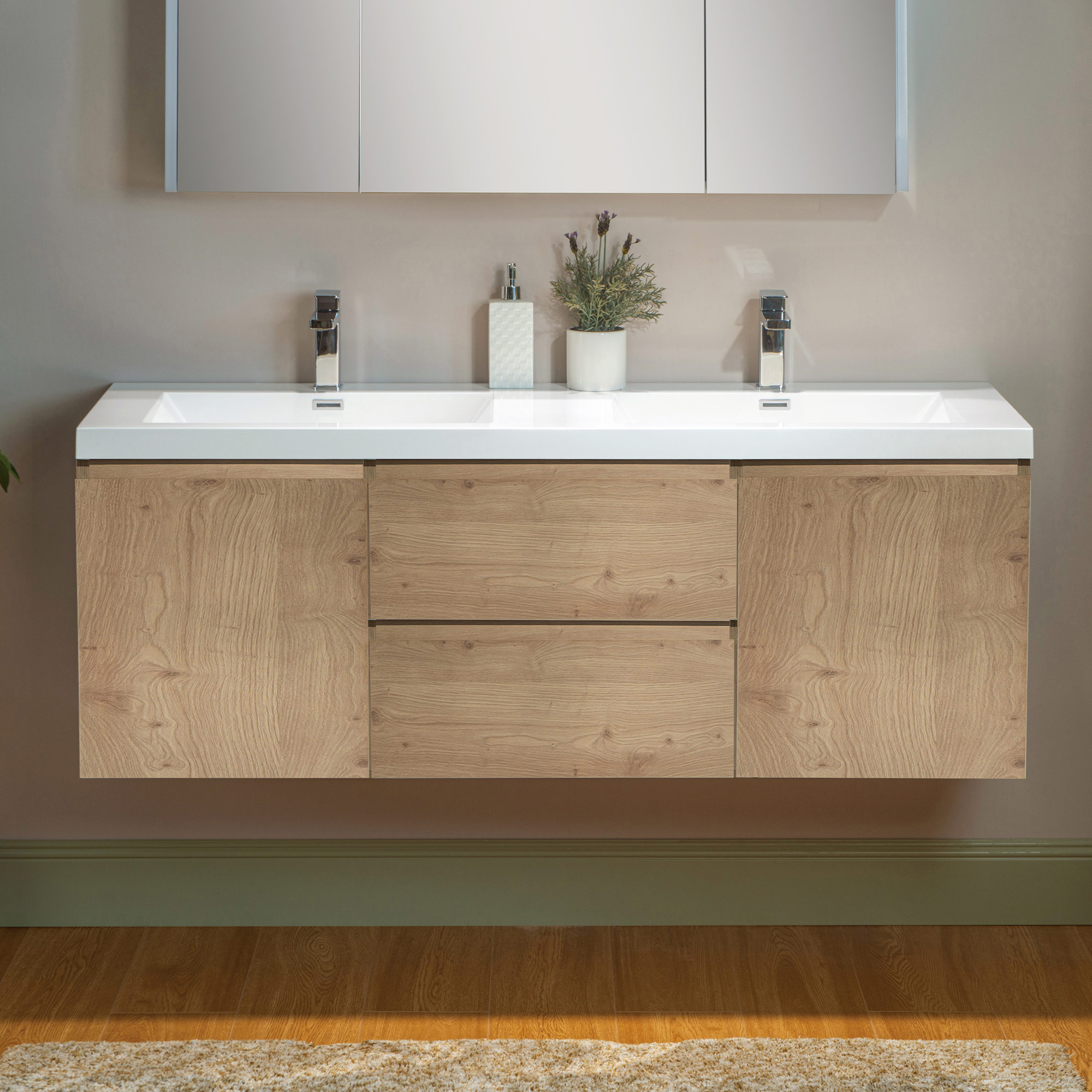 WOODBRIDGE 59 in. W x 19 in. D Wall Mounted Floating Vanity in Nature Oak with Resin Composite Vanity Top in Glossy White