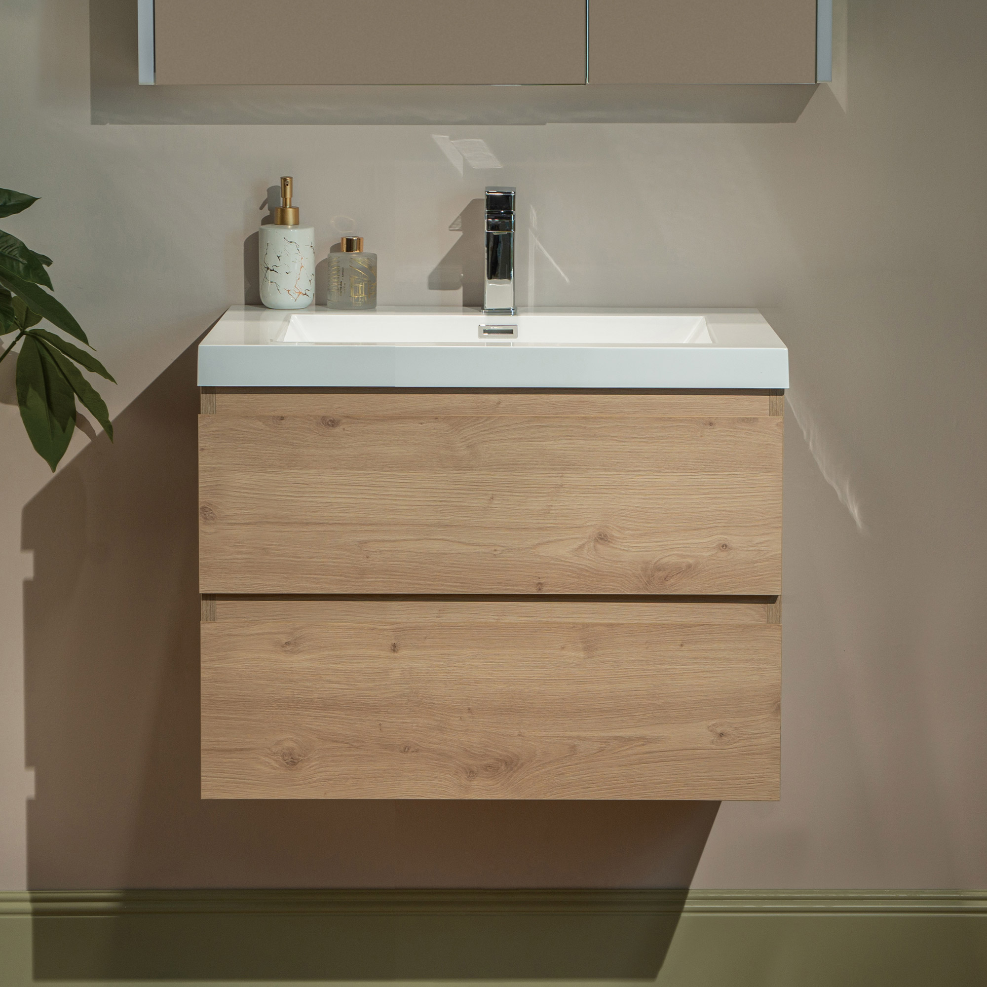 WOODBRIDGE 29-1/2 in. W x 19-5/8 in. D Wall Mounted Floating Vanity in Natural Oak with Resin Composite Vanity Top in Glossy White