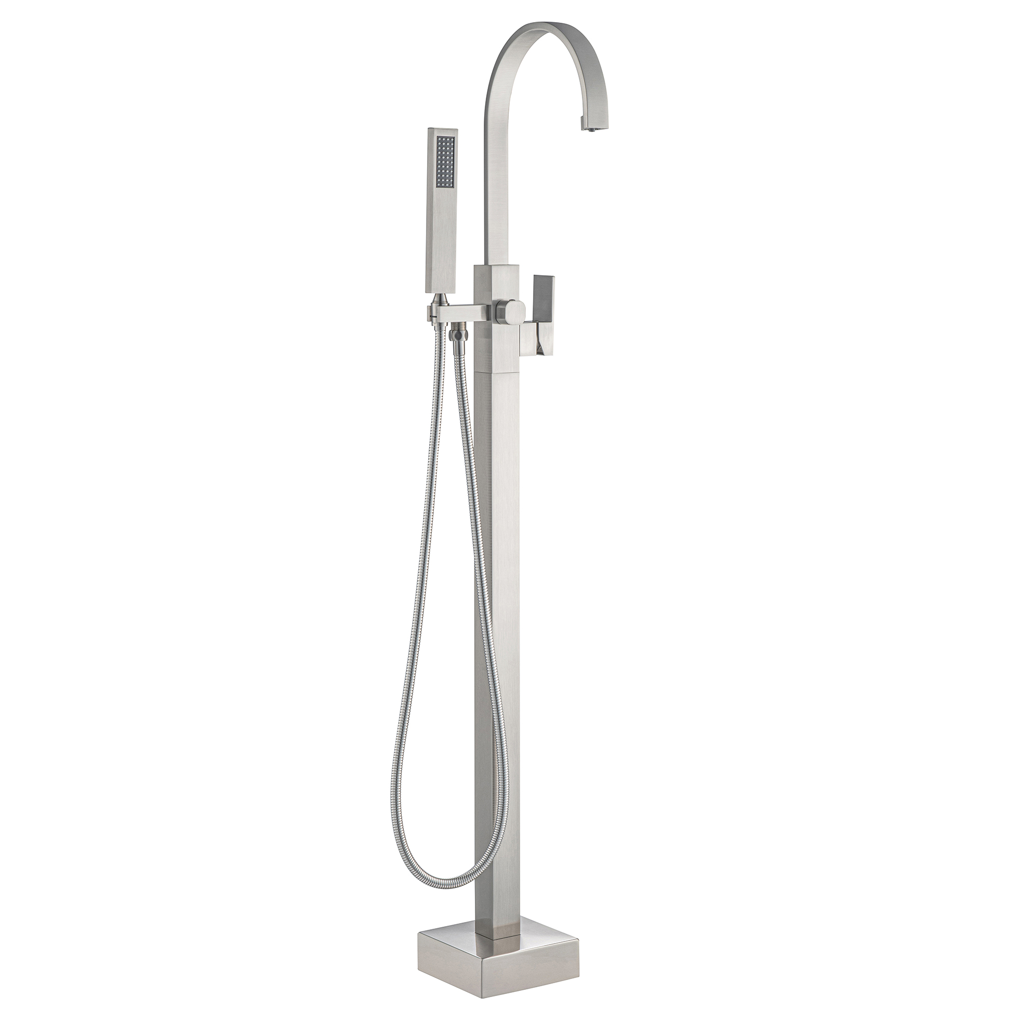 WOODBRIDGE F0060BN Contemporary Single Handle Floor Mount Freestanding Tub Filler Faucet with Hand Shower in Brushed Nickel Finish.