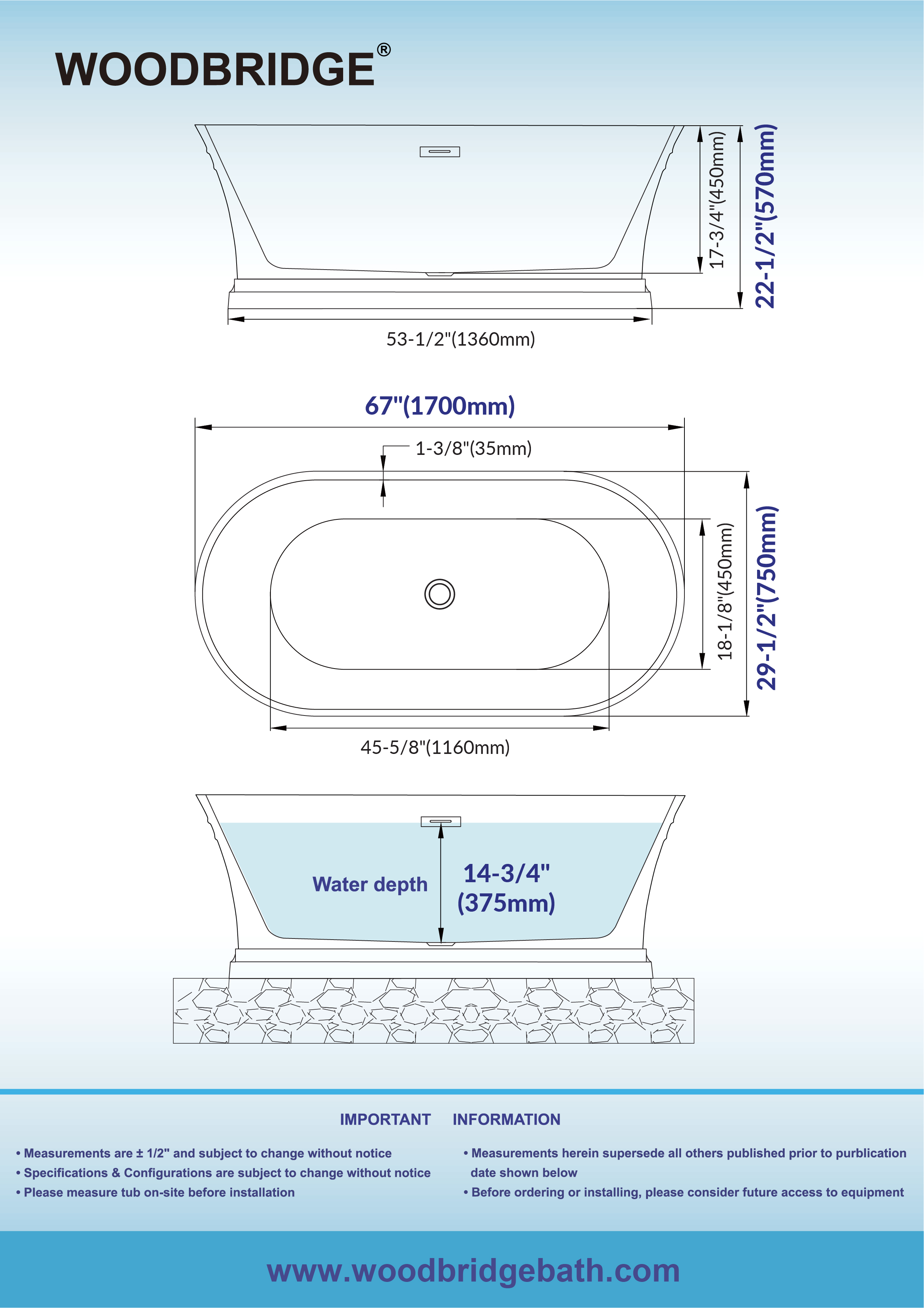  WOODBRIDGE 67 in. Freestanding Double Ended Acrylic Soaking Bathtub with Center Drain Assembly and Overflow, BTA1537/B1537, Glossy White_17462