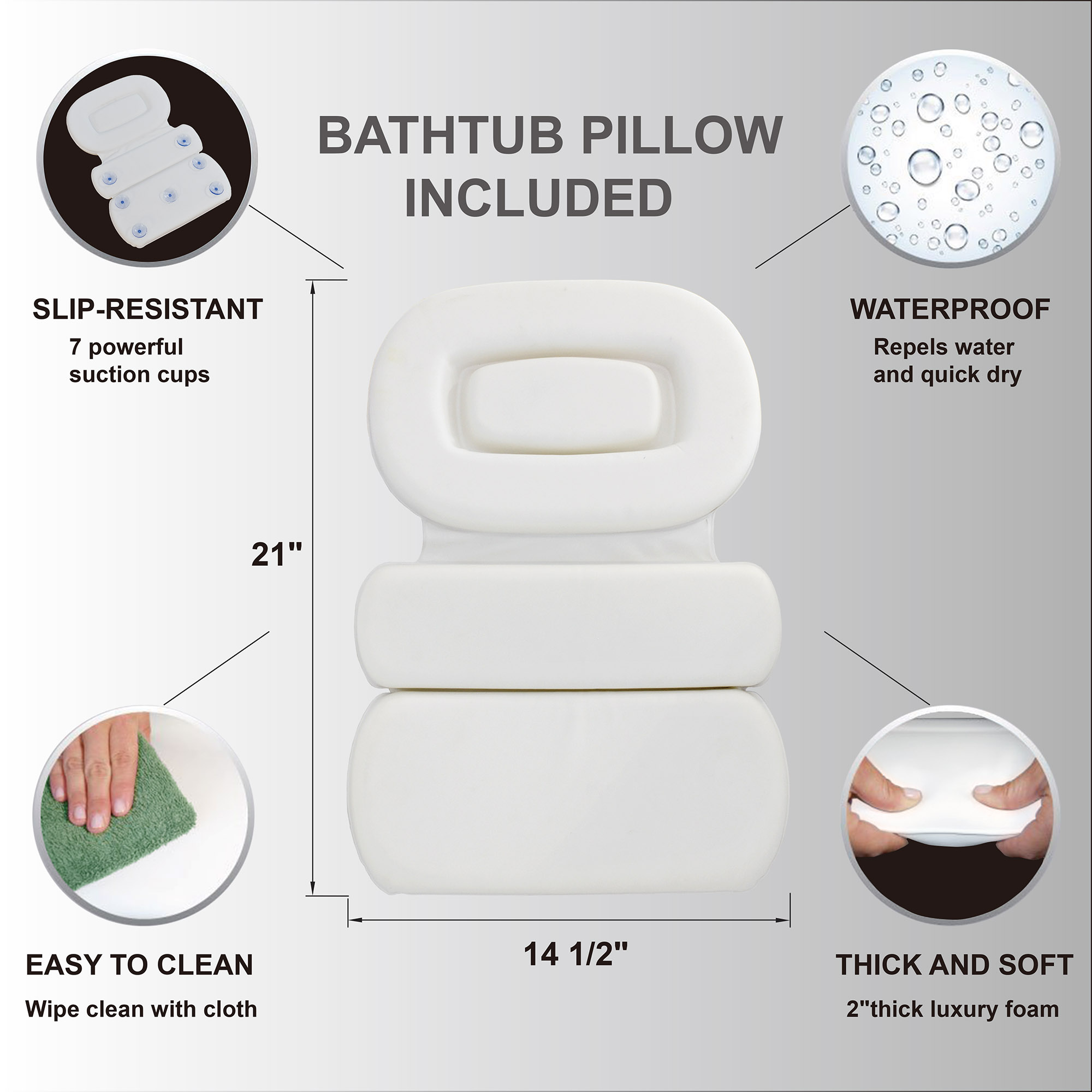 Bath Pillow Bathtub Pillow with 7 Powerful Suction Cups,14.5x21 Inch,Luxury Bath Pillows for Tub Neck and Back Support,PI-1411