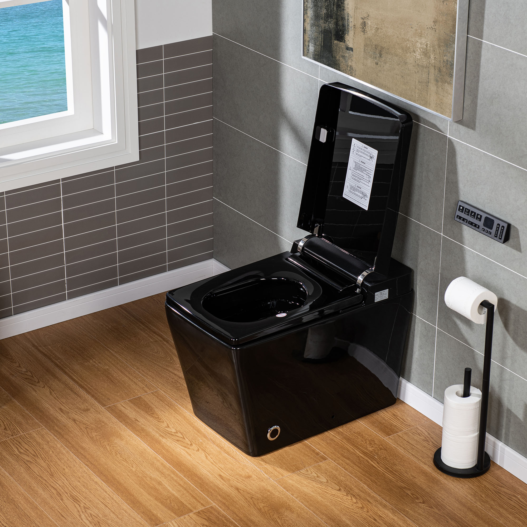  WOODBRIDGE EBT-HB02 One Piece Square Smart Bidet Toilet with Auto Open & Close, Foot Sensor, Auto Flush, Multiple Spray Modes, Heated Seat, Warm Water and Air Dryer, Auto LED Nightlight, Glossy Black_17596