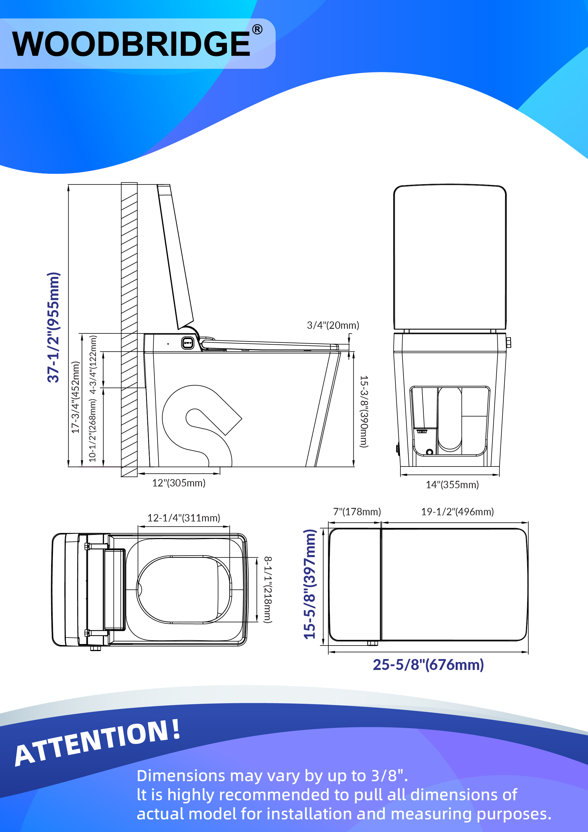  WOODBRIDGE EBT-MB03 One Piece Square Smart Bidet Toilet with Auto Open & Close, Foot Sensor, Auto Flush, Multiple Spray Modes, Heated Seat, Warm Water and Air Dryer, Auto LED Nightlight, Matte Black_17613