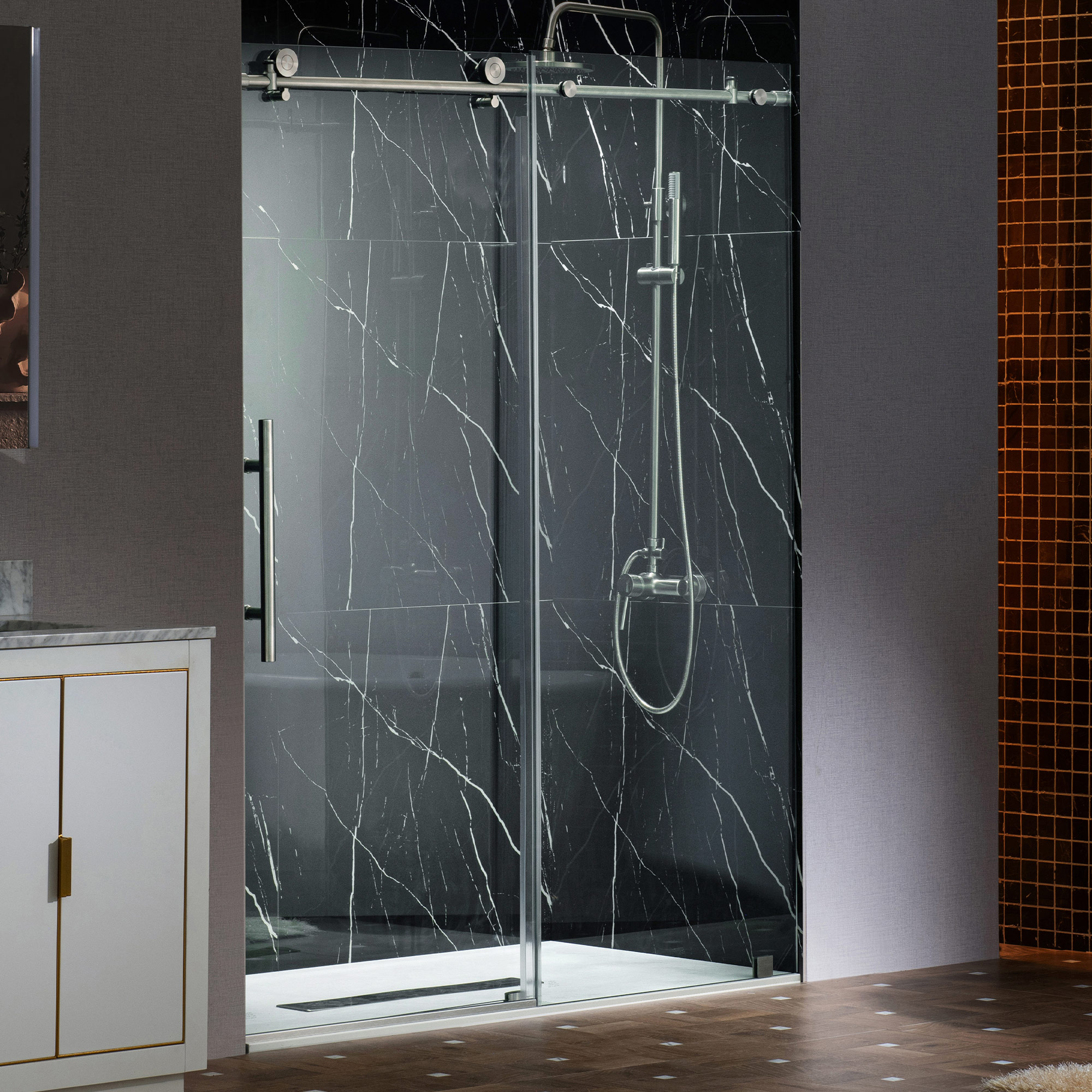 WOODBRIDGE Frameless Single Sliding Shower Doors in Brushed Nickel Finish, 45.5-48