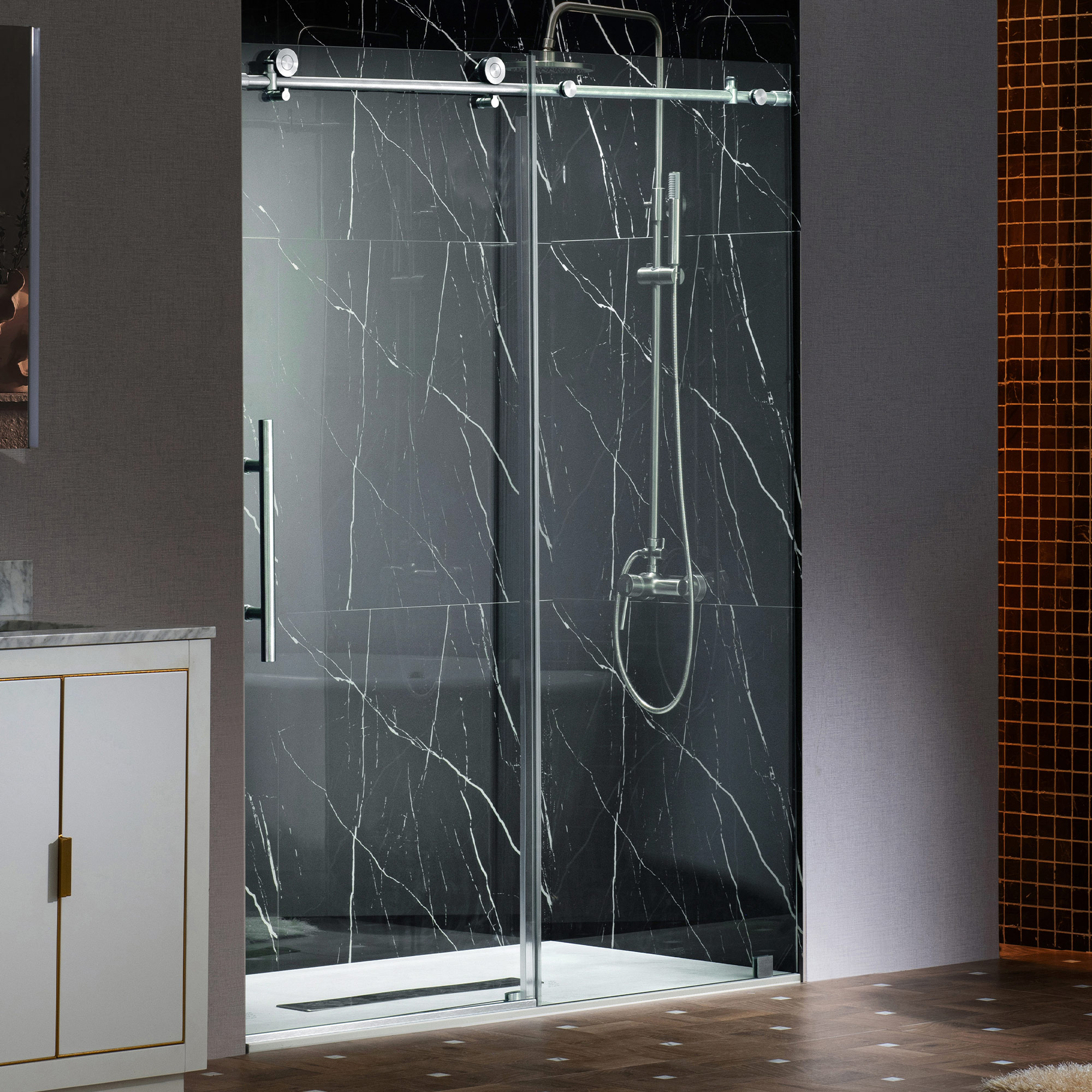 WOODBRIDGE Frameless Single Sliding Shower Doors in Polished Chrome Finish, 45.5-48