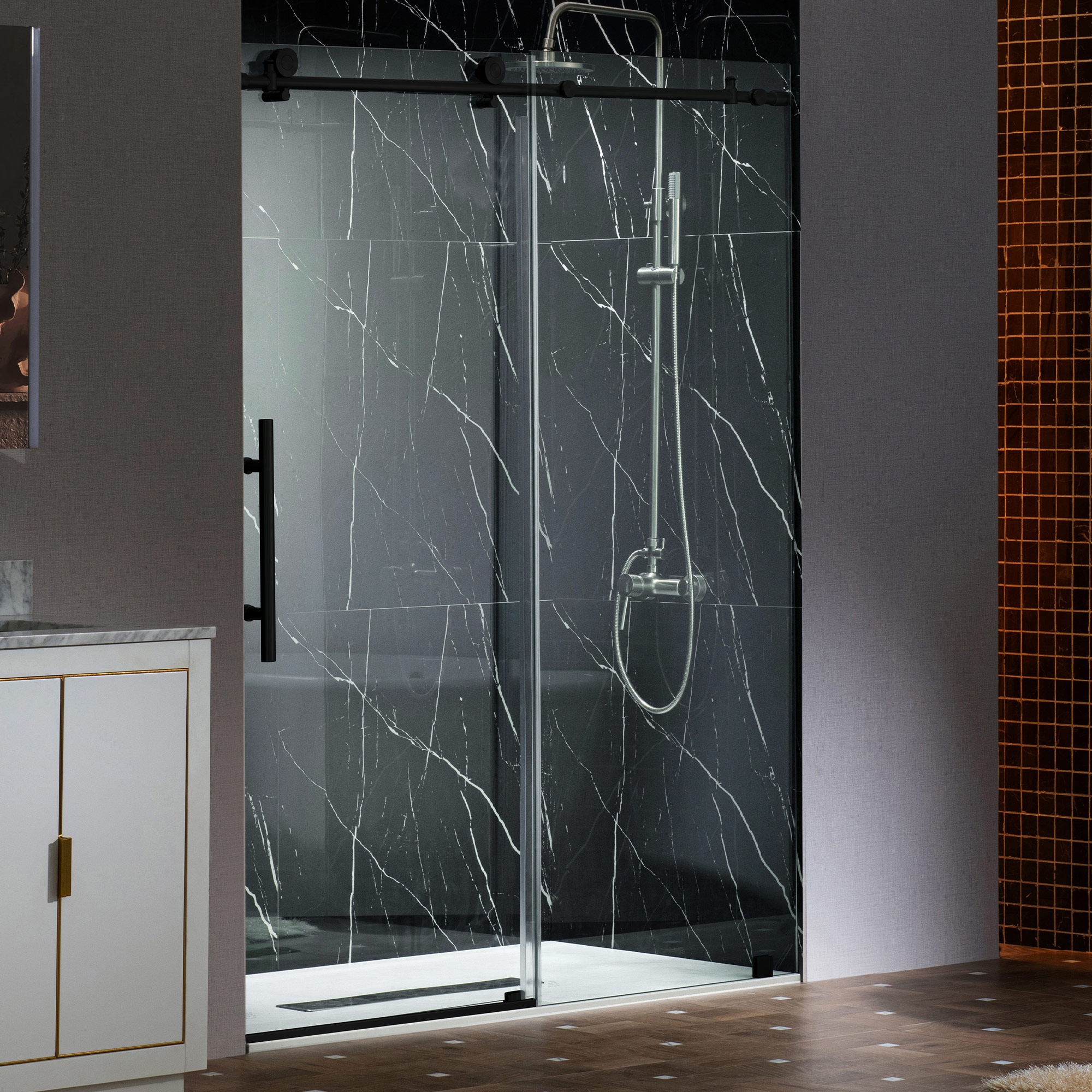 WOODBRIDGE Frameless Single Sliding Shower Doors in Matte Black Finish, 45.5-48