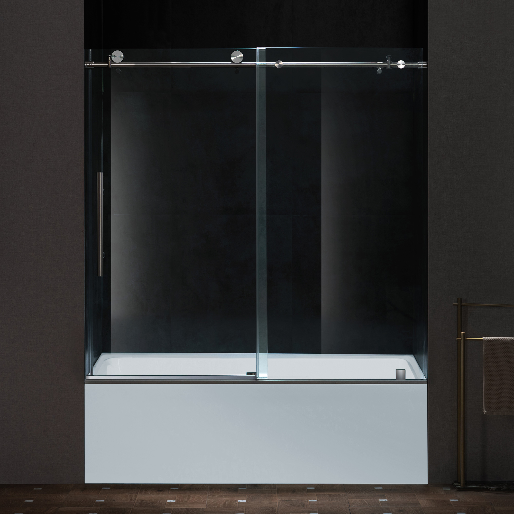 WOODBRIDGE Frameless Single Sliding Shower Doors in Brushed Nickel Finish, 57.5-60