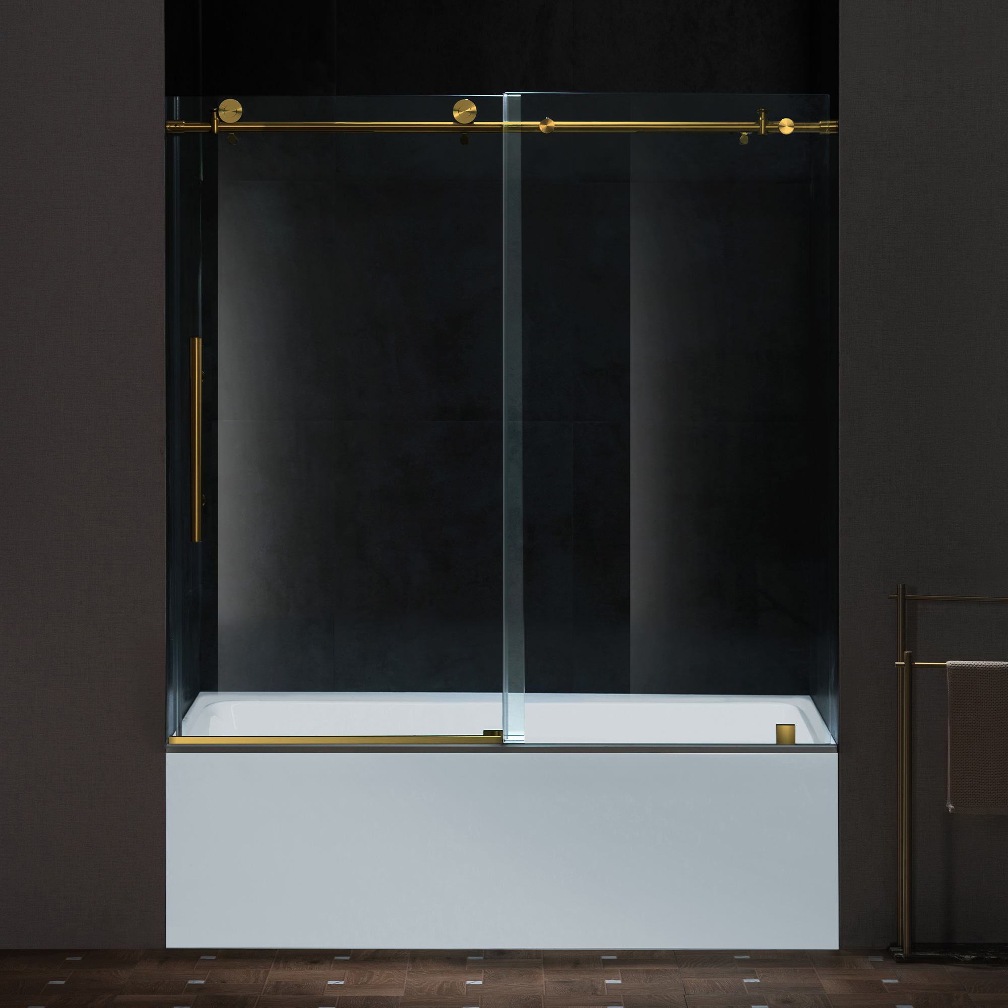 WOODBRIDGE Frameless Single Sliding Shower Doors in Brushed Gold Finish, 57.5-60