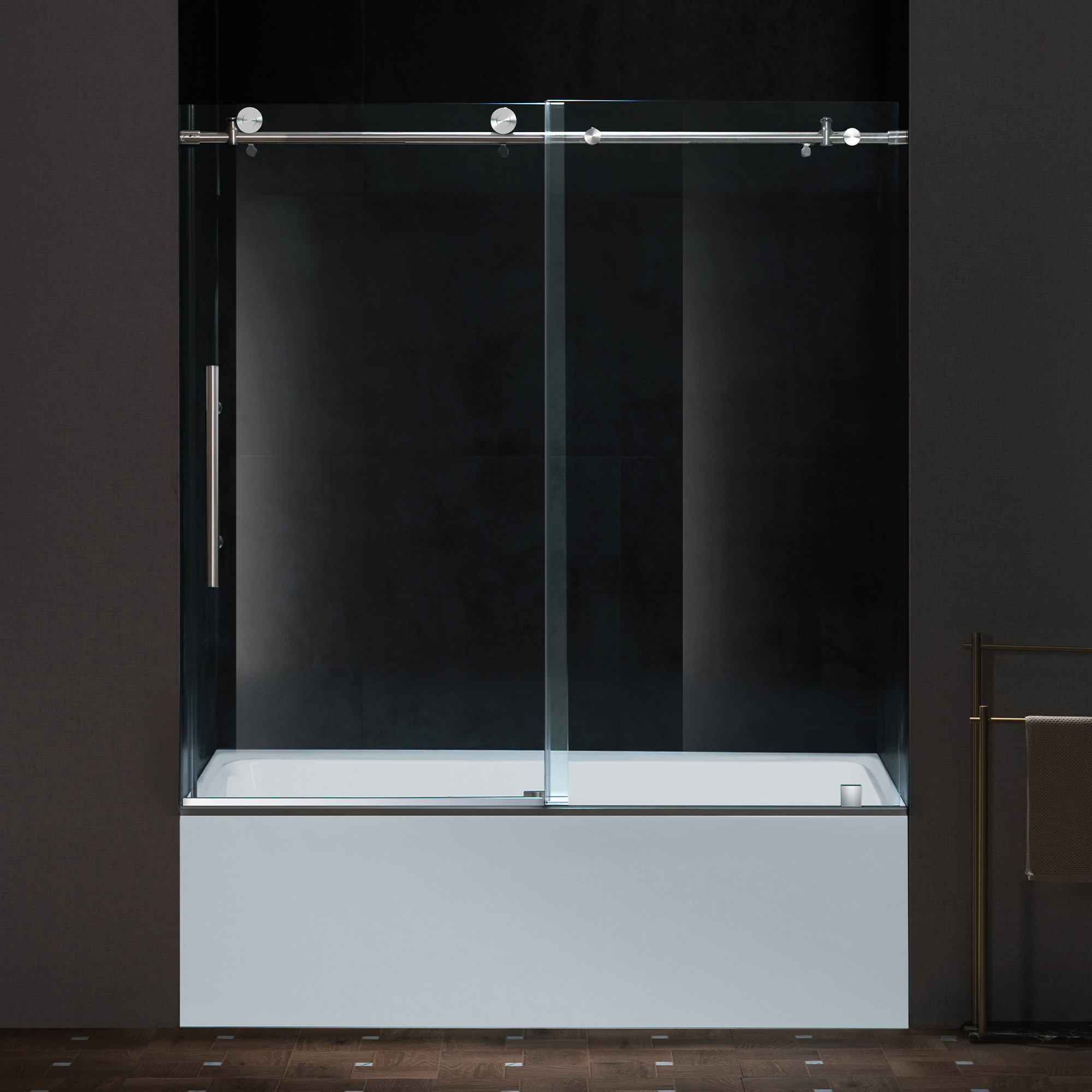 WOODBRIDGE Frameless Single Sliding Shower Doors in Polished Chrome Finish, 57.5-60