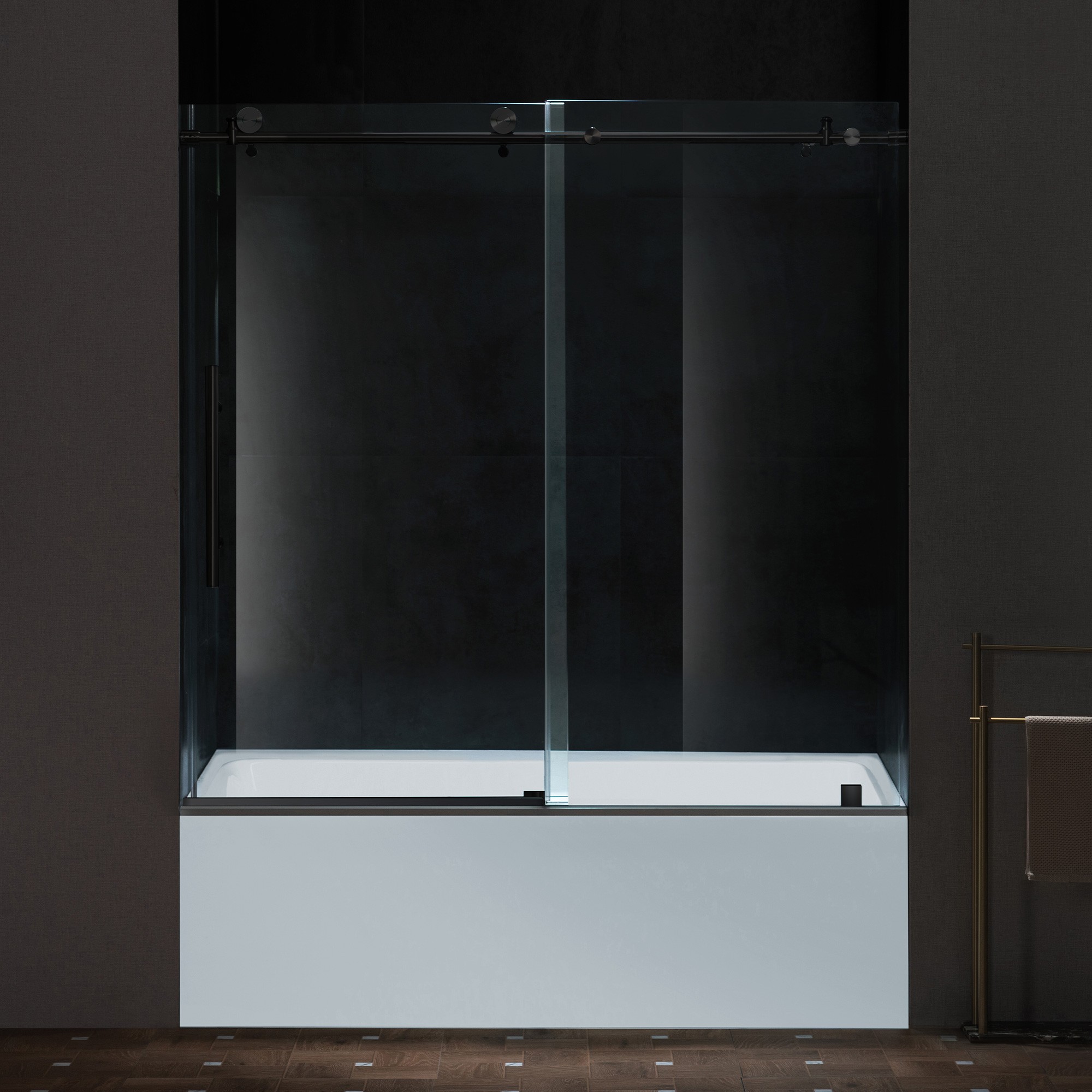 WOODBRIDGE Frameless Single Sliding Shower Doors in Matte Black Finish, 57.5-60