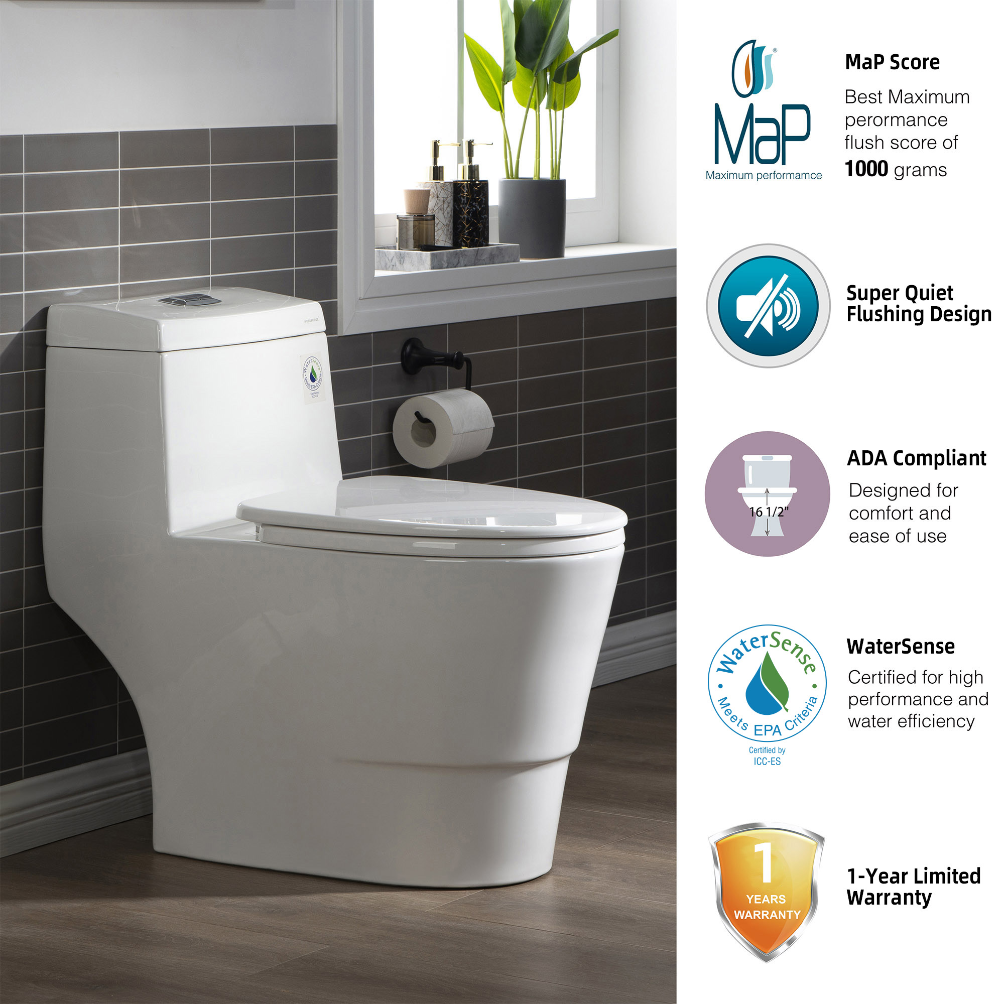  WOODBRIDGE B-0940-A Modern One-Piece Elongated toilet with Soft Closed Seat and Hand Free Touchless Sensor Flush Kit, White_14829