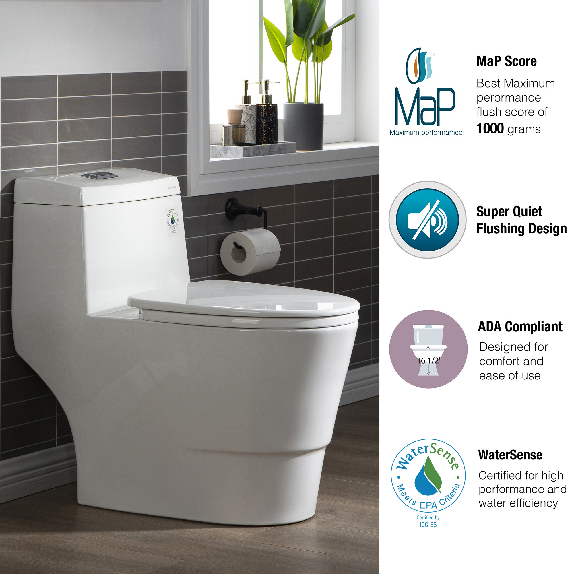  WOODBRIDGE T-0019, Dual Flush Elongated One Piece Toilet with Soft Closing Seat, Chair Height, Water Sense, High-Efficiency, T-0019 Rectangle Button_18941