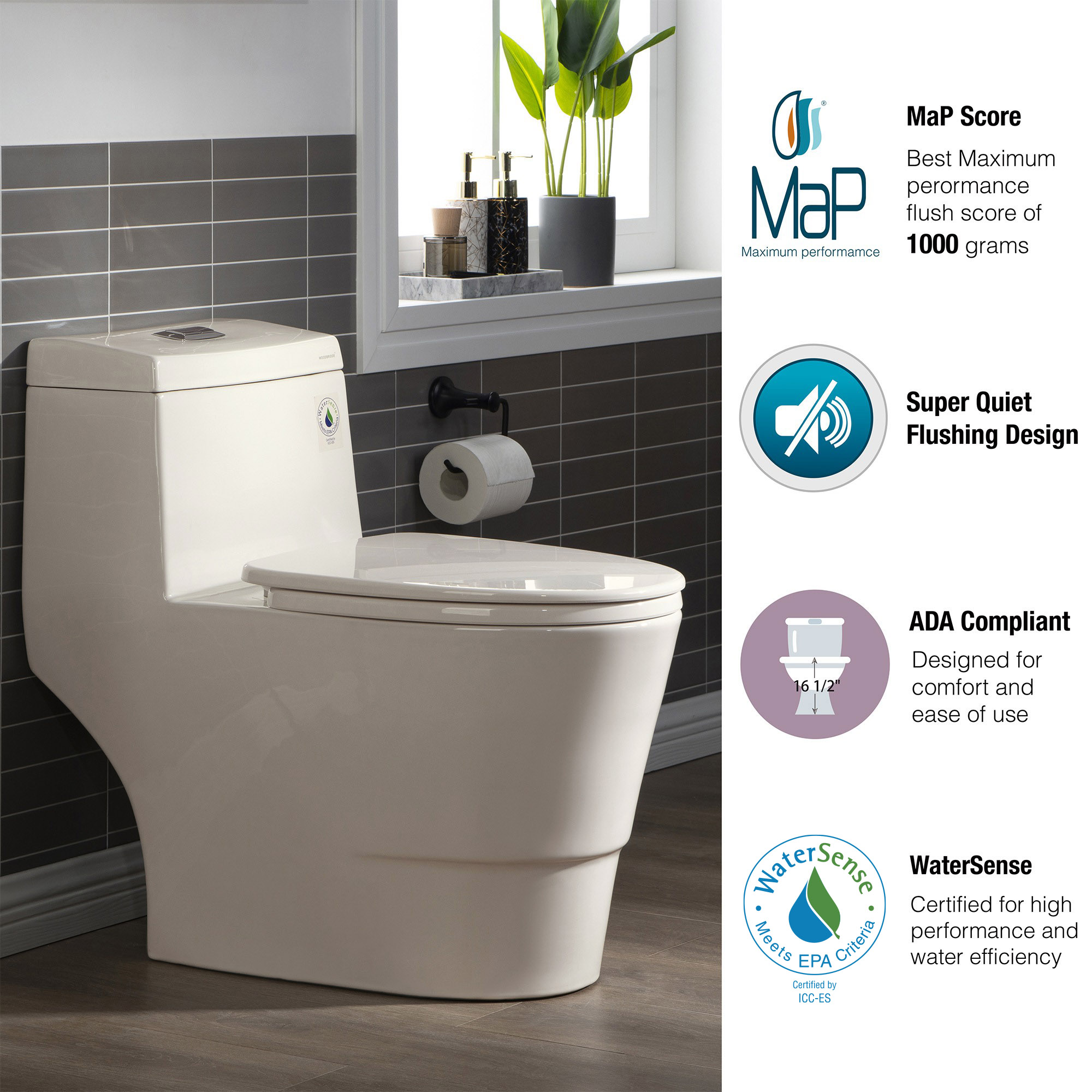  WOODBRIDGEE One Piece Toilet with Soft Closing Seat, Chair Height, 1.28 GPF Dual, Water Sensed, 1000 Gram MaP Flushing Score Toilet, B0942, Biscuit_18948