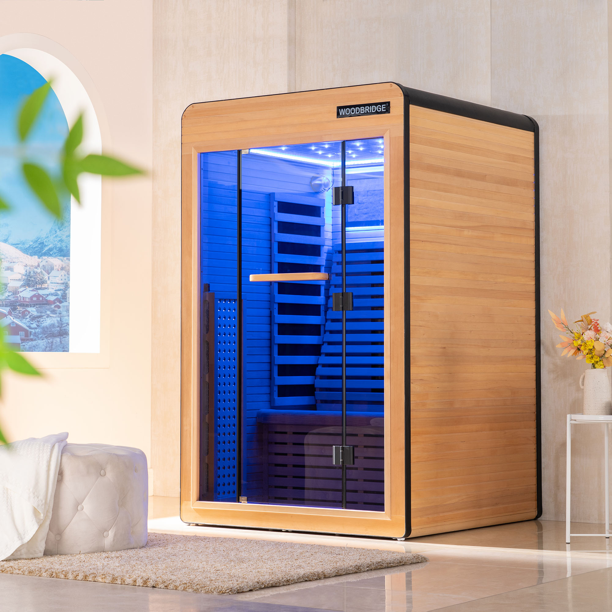 2 Person Canadian Hemlock Wood Infrared Sauna For Home With Touch-Tone Keypad, Led Color Therapy Light, Tempered Glass Door And A Top Vent