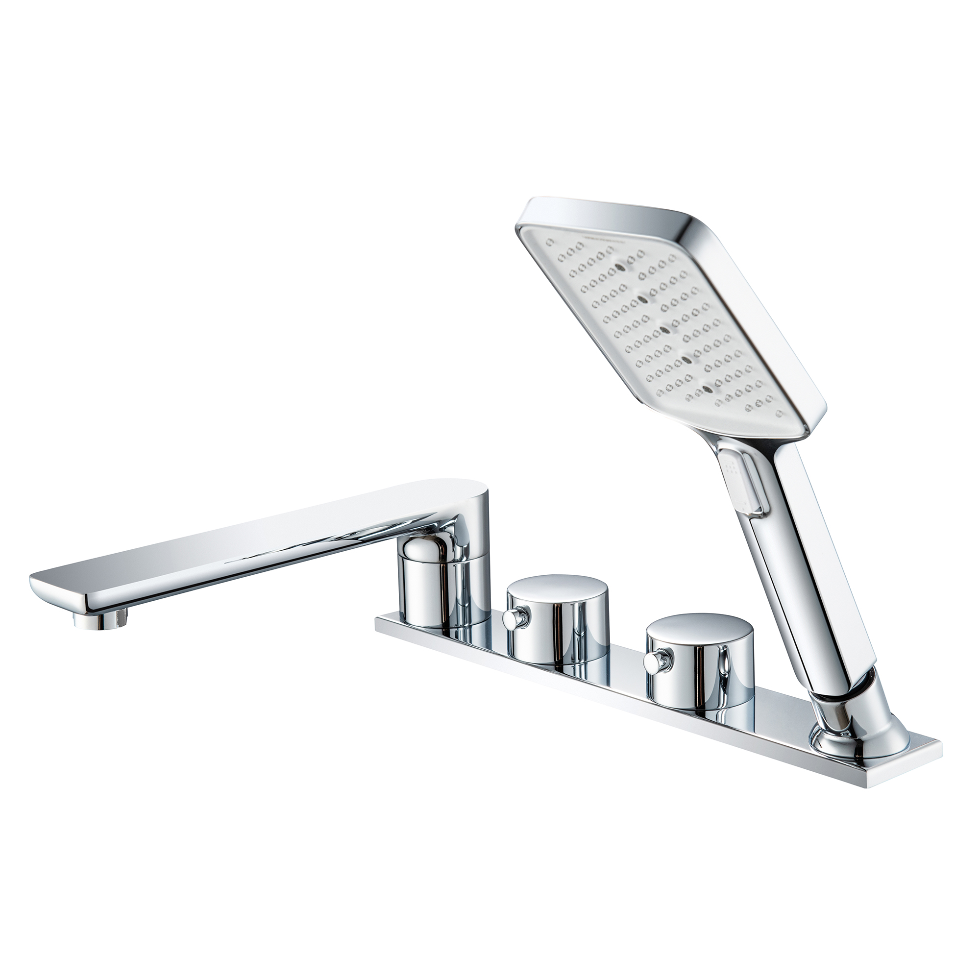 WOODBRIDGE Widespread Deck Mount Roman Tub Faucet with Hand Shower, Two-Handle 4-Holes Bathtub Shower Faucet Set in Chrome