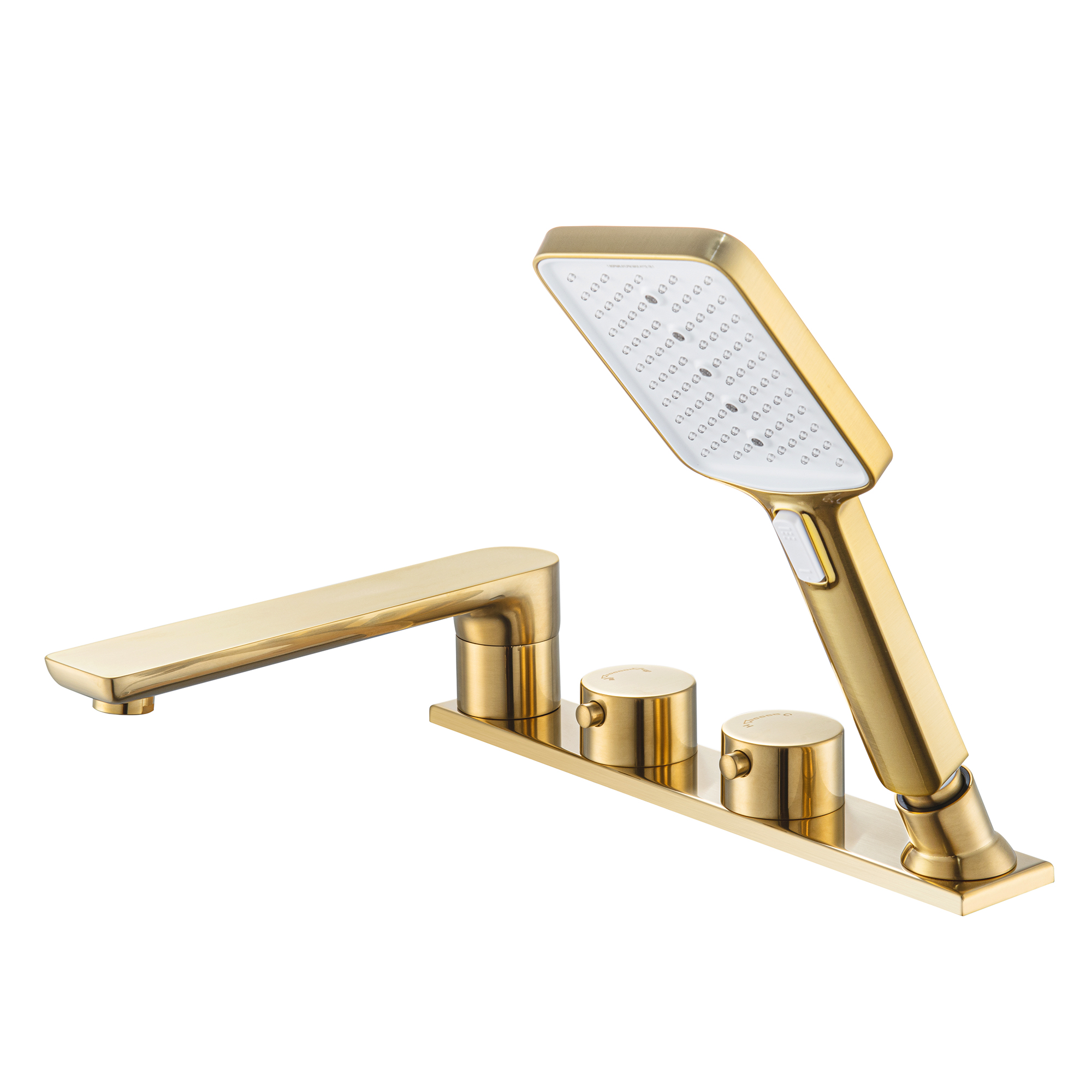 WOODBRIDGE Widespread Deck Mount Roman Tub Faucet with Hand Shower, Two-Handle 4-Holes Bathtub Shower Faucet Set in Brushed Gold