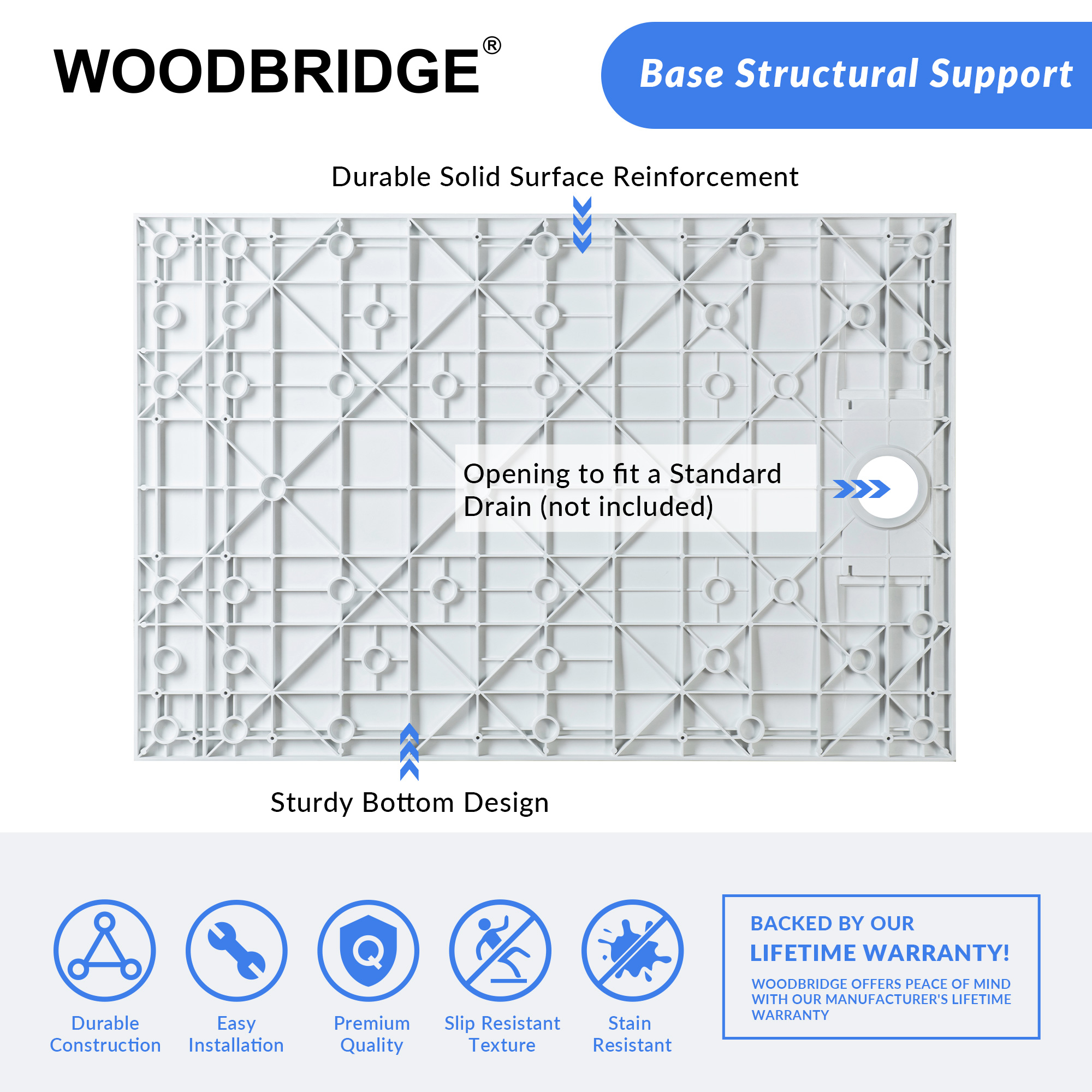  WOODBRIDGE 47.5 in L x 35.4 in W Zero Threshold End Drain Shower Base with Reversible Drain Placement, Matching Decorative Drain Plate and Tile Flange, Wheel Chair Access, Low Profile, White_19500