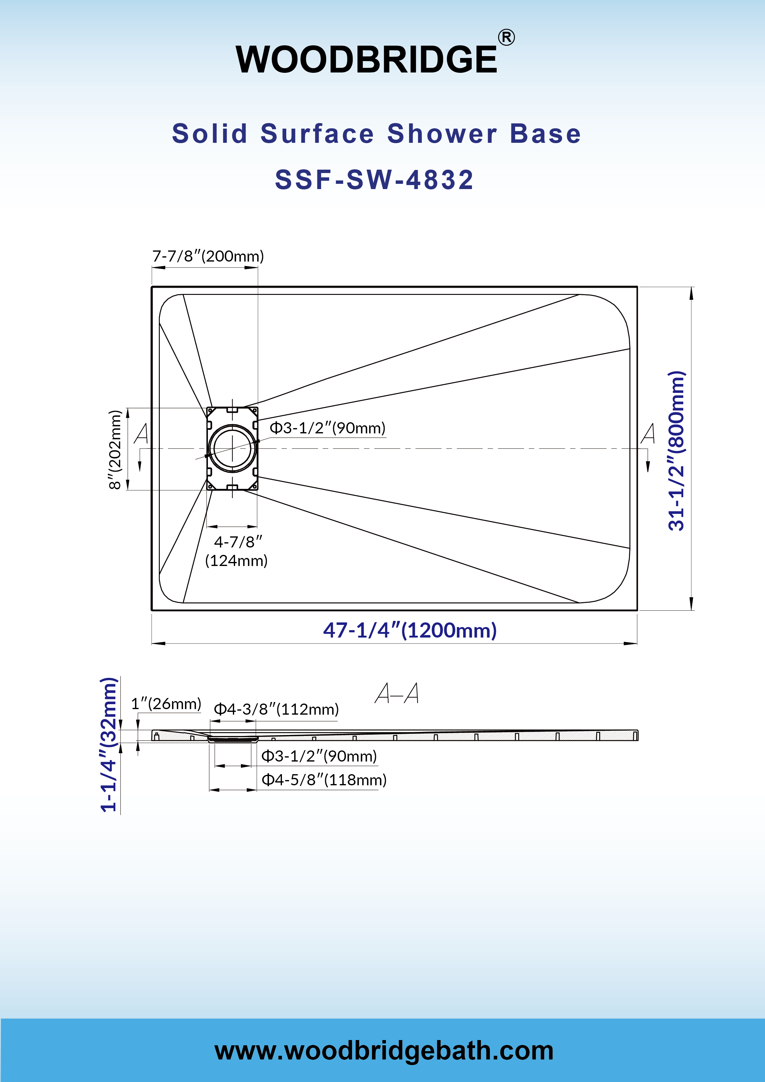  WOODBRIDGE 47.25 in L x 31.5 in W Zero Threshold End Drain Shower Base with Reversible Drain Placement, Matching Decorative Drain Plate and Tile Flange, Wheel Chair Access, Low Profile, White_19546