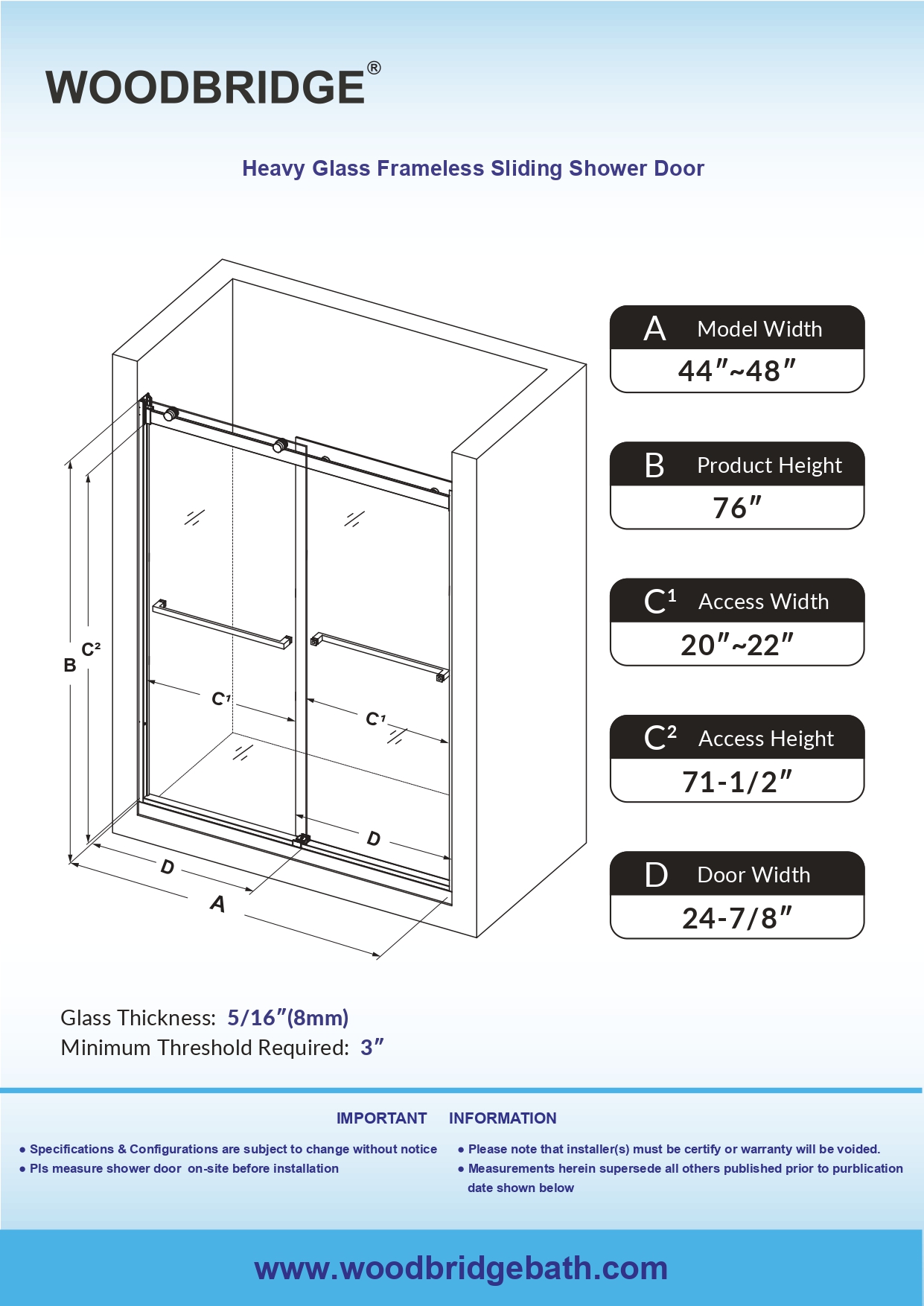  WOODBRIDGE Frameless Bathtub Shower Doors 46-48