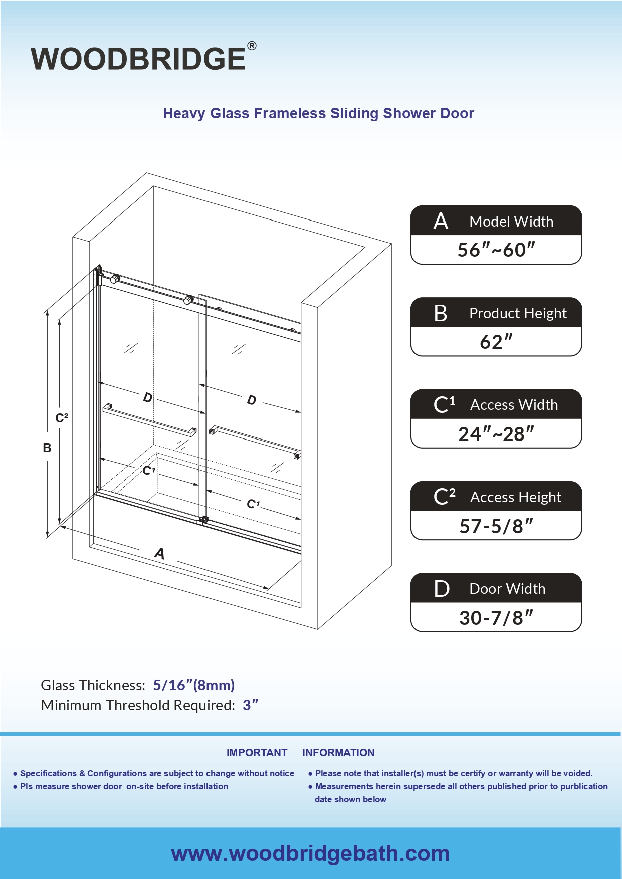  WOODBRIDGE Frameless Bathtub Shower Doors 56-60