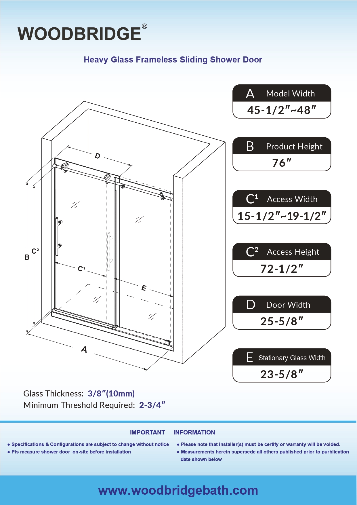  WOODBRIDGE Frameless Single Sliding Shower Doors in Matte Black Finish, 45.5-48