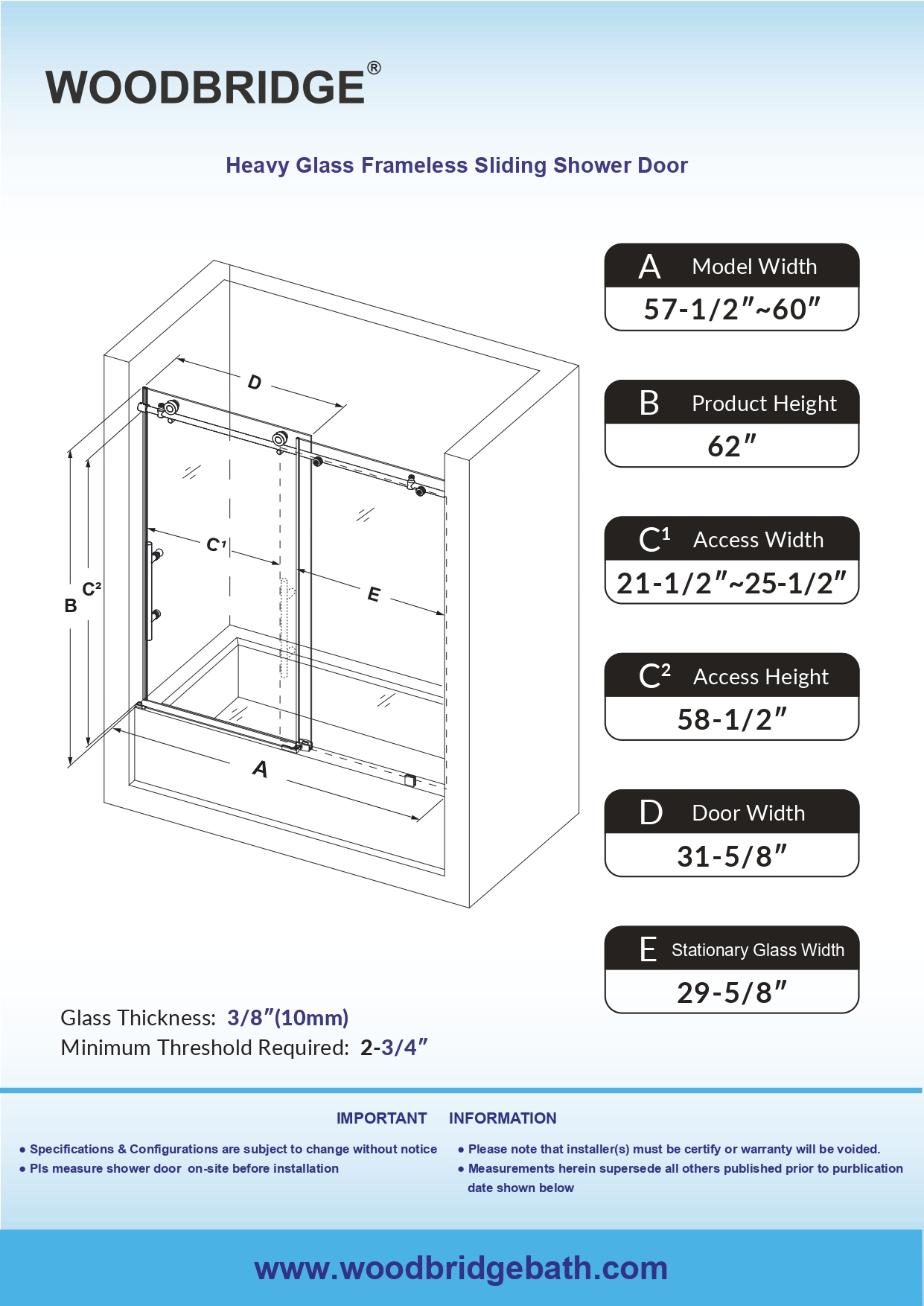  WOODBRIDGE Frameless Single Sliding Shower Doors in Polished Chrome Finish, 57.5-60