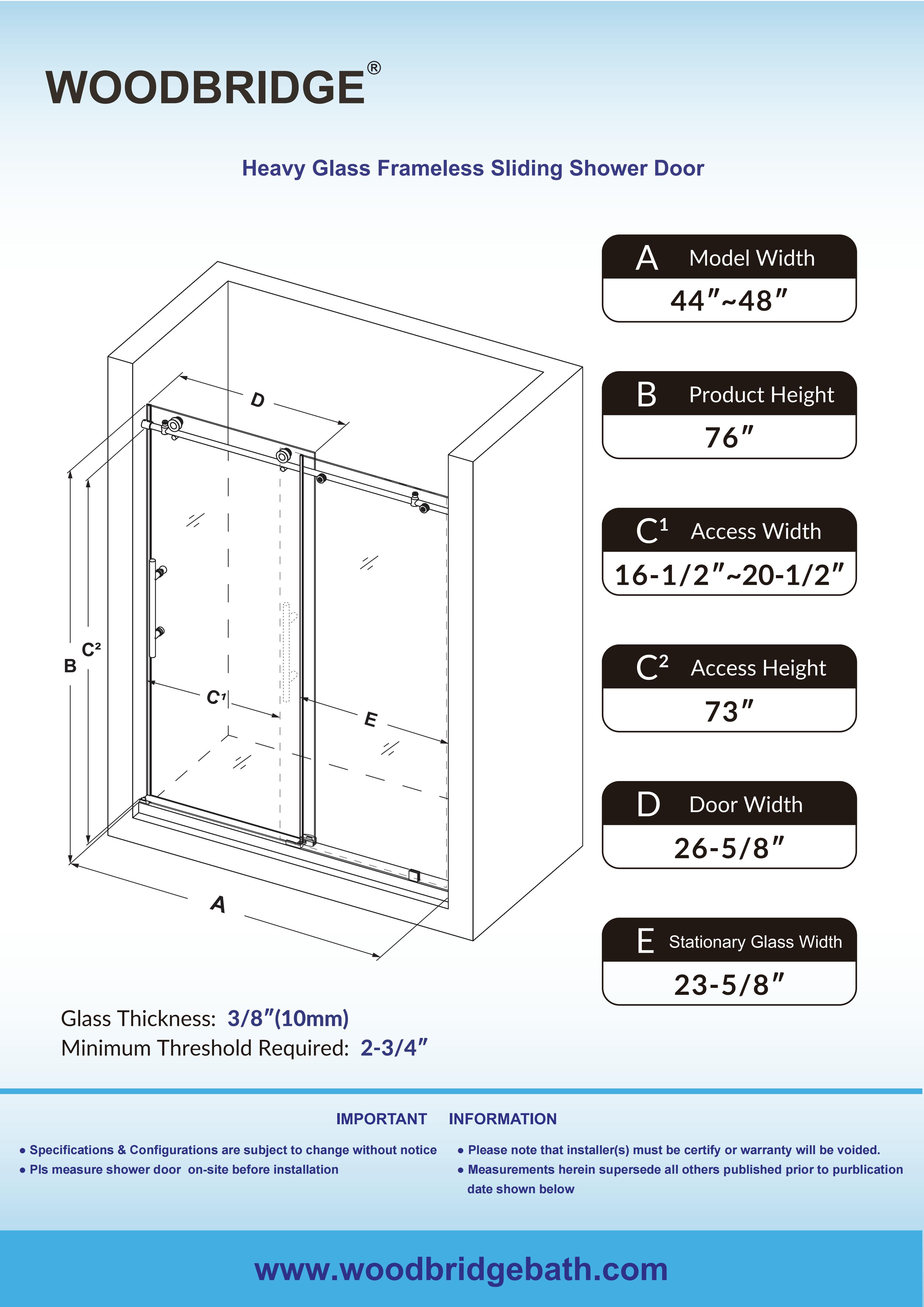  WOODBRIDGE MBSDC4876-B Frameless Shower Doors 44-48