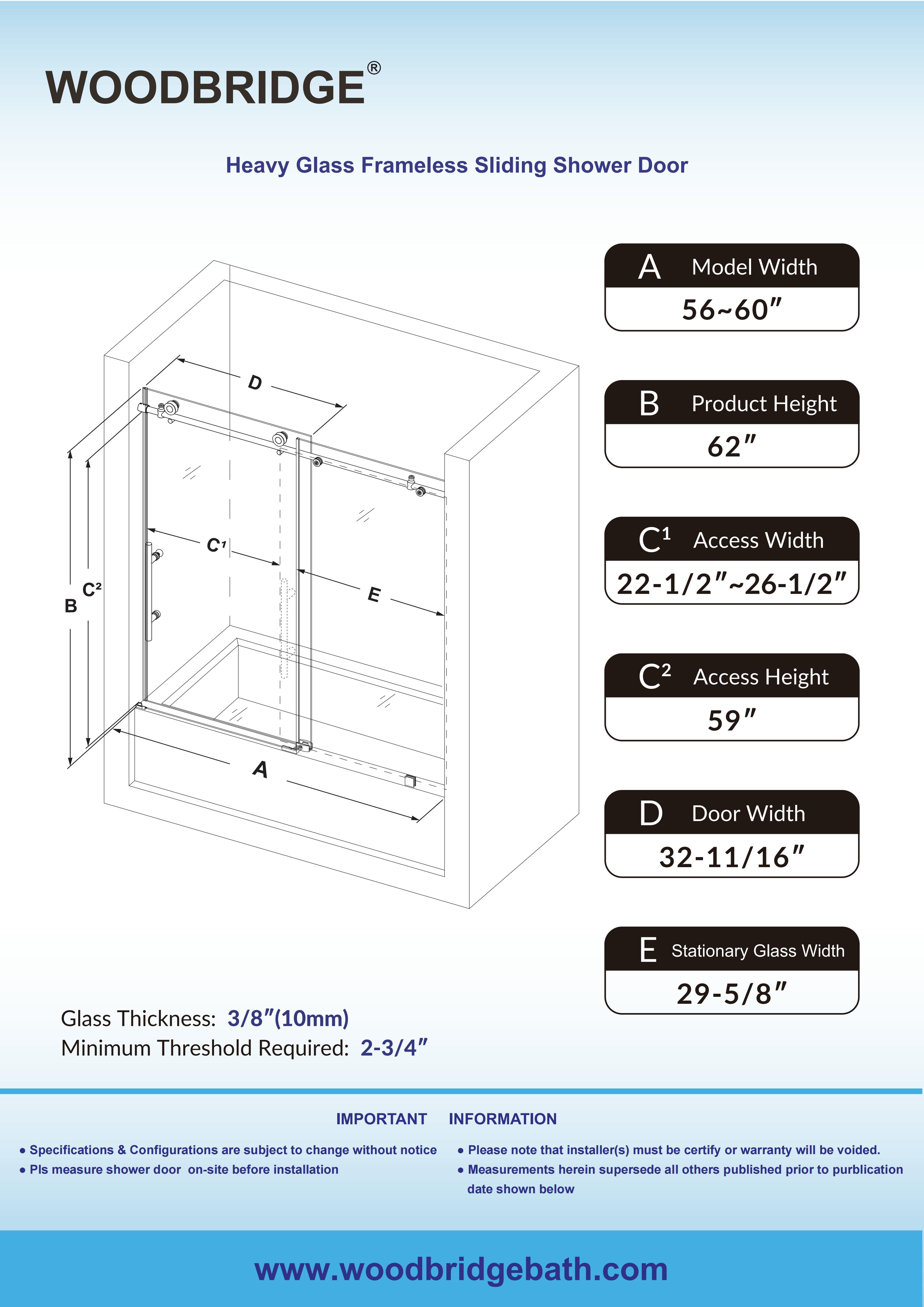  WOODBRIDGE Frameless Bathtub Shower Doors 56-60