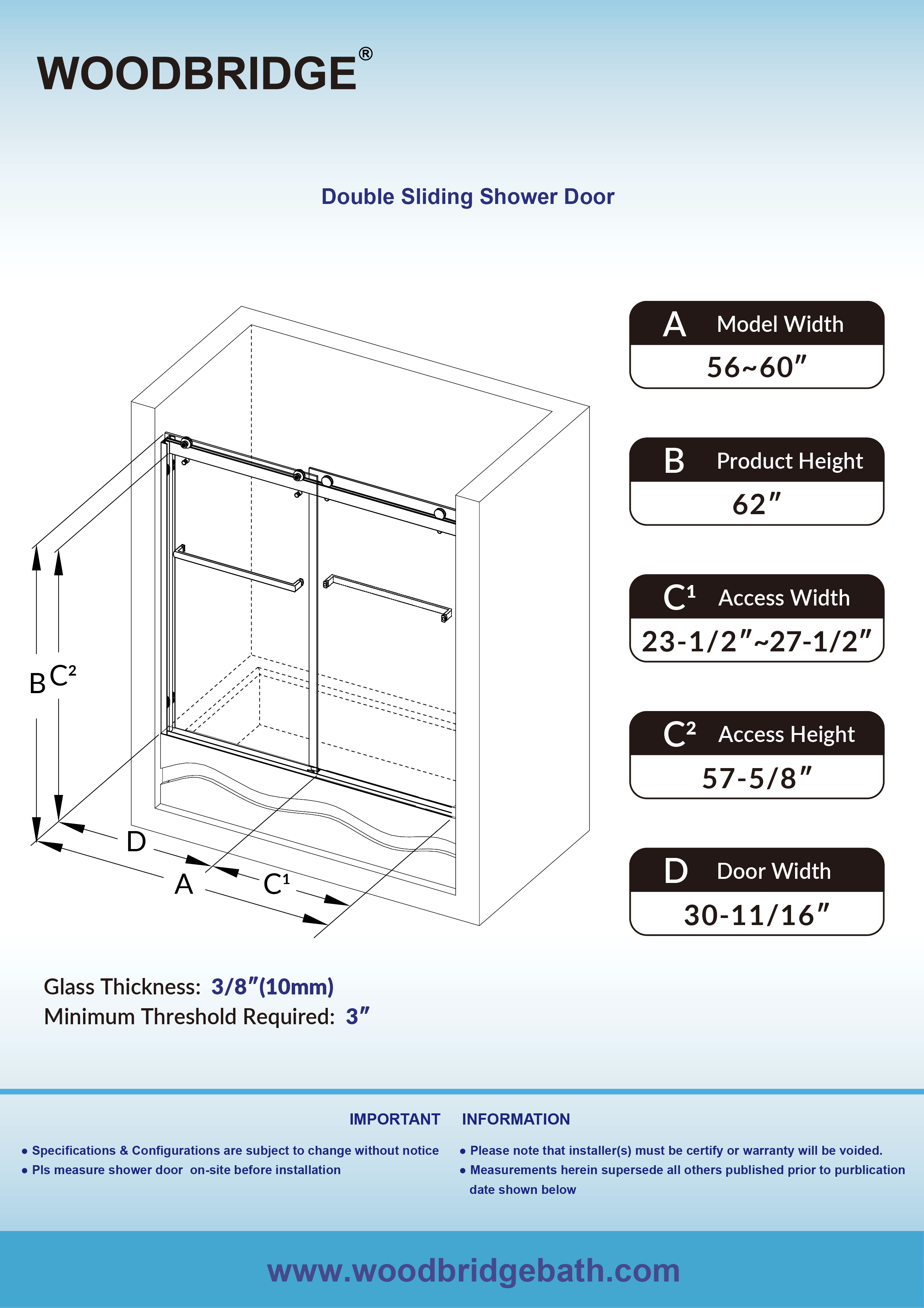  WOODBRIDGE Frameless Bathtub Shower Doors 56-60