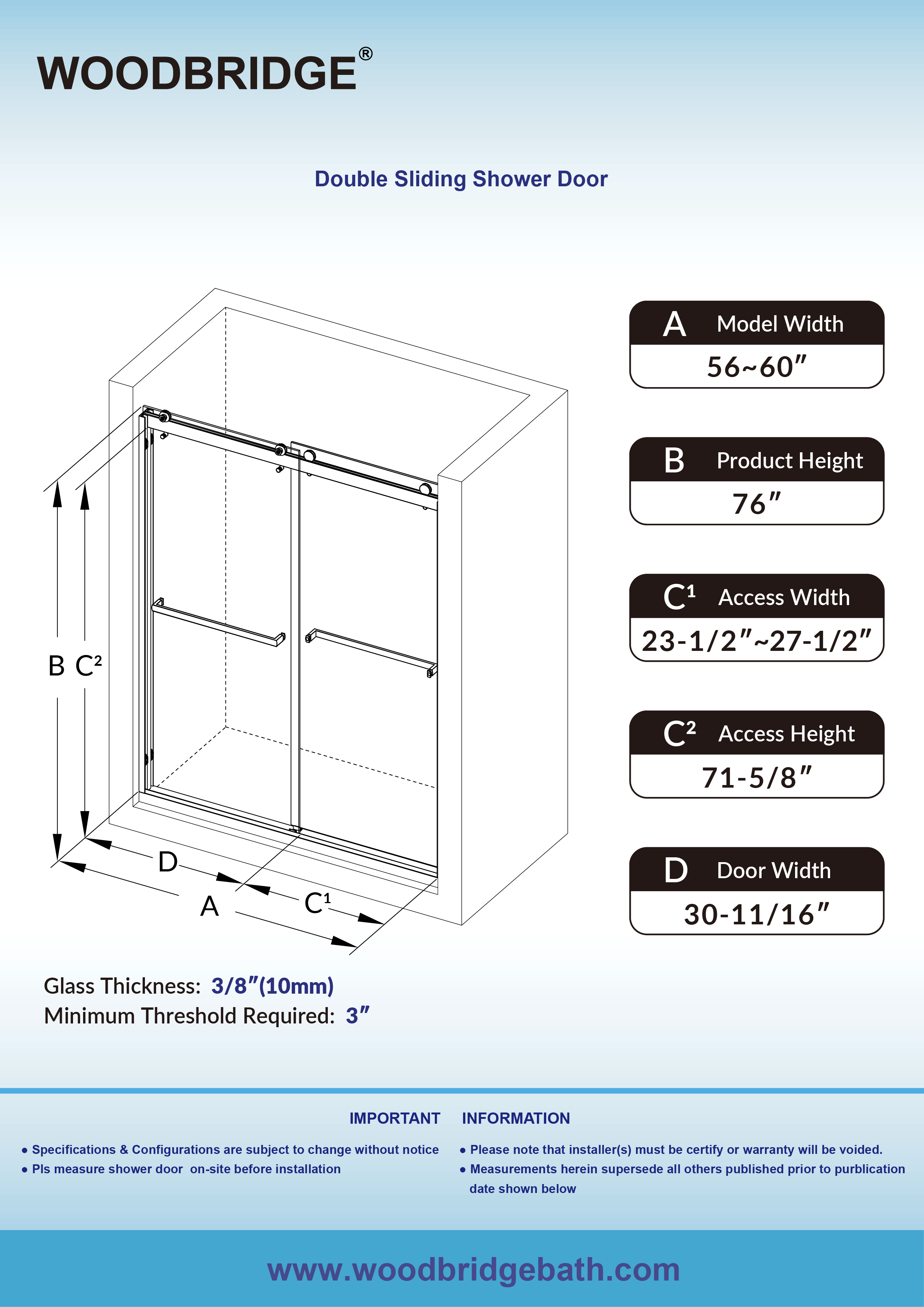  WOODBRIDGE Frameless Shower Doors 56-60