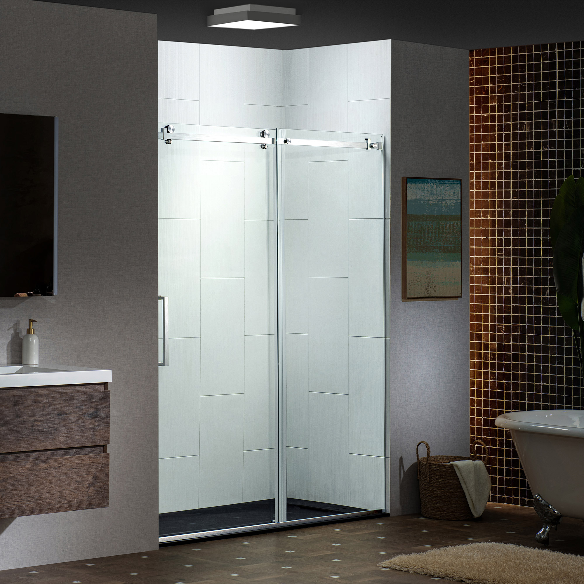  WOODBRIDGE Frameless Single Sliding Shower Doors in Polished Chrome Finish, 44-48