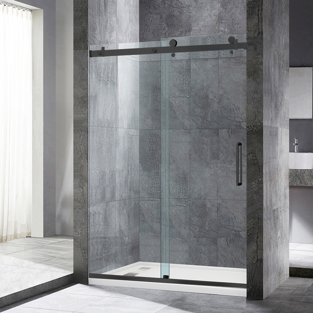  WOODBRIDGE Frameless Single Sliding Shower Doors in Matte Black Finish, 44-48