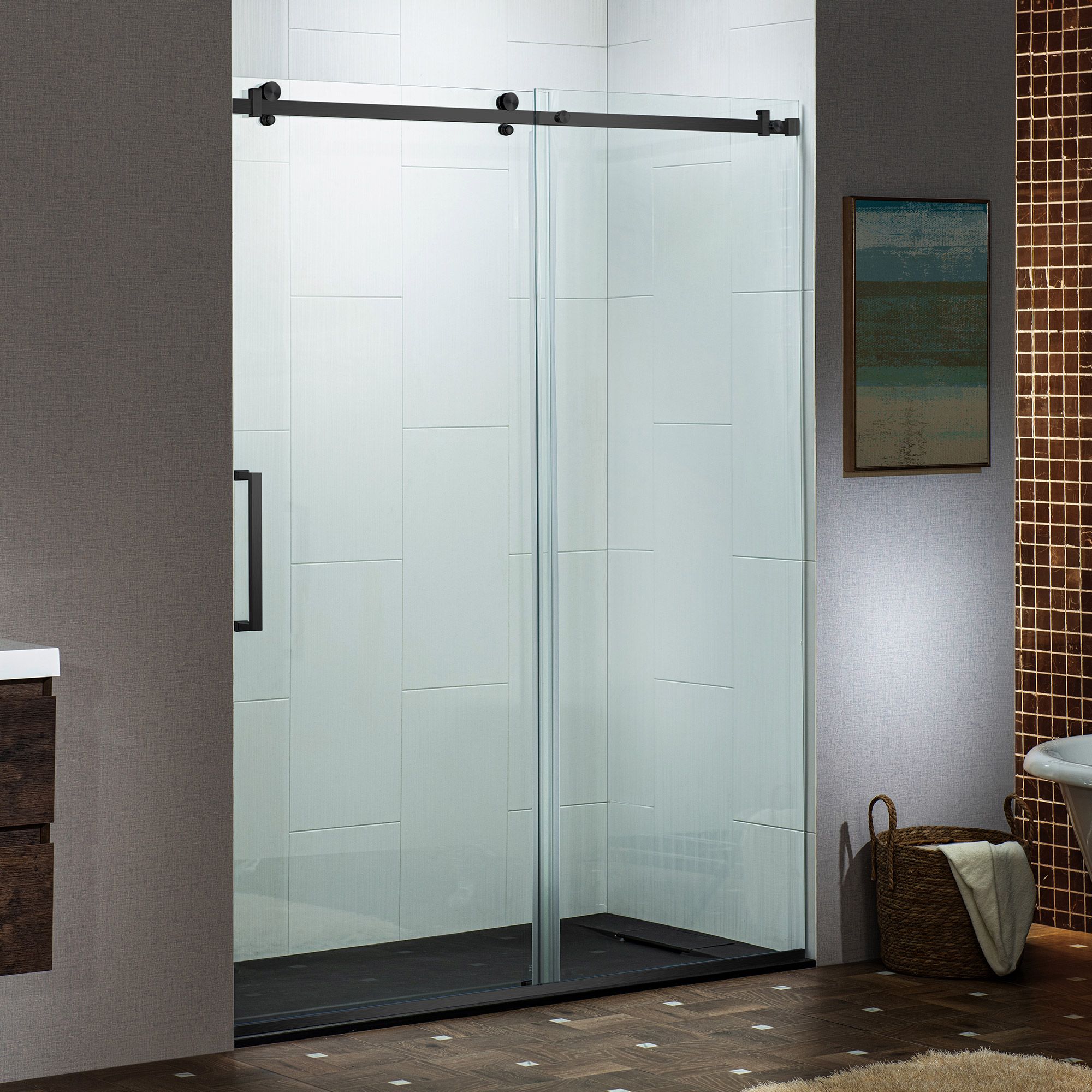  WOODBRIDGE Frameless Single Sliding Shower Doors in Matte Black Finish, 44-48