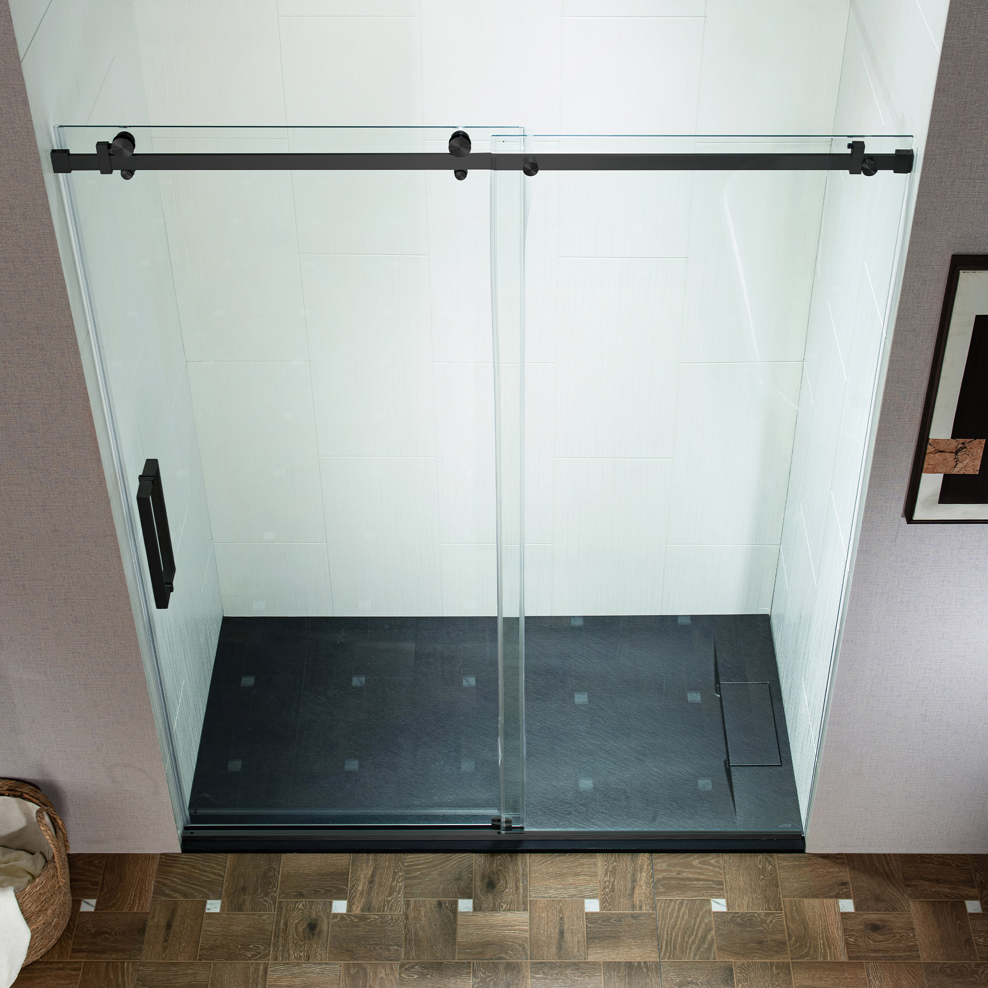  WOODBRIDGE Frameless Single Sliding Shower Doors in Matte Black Finish, 44-48