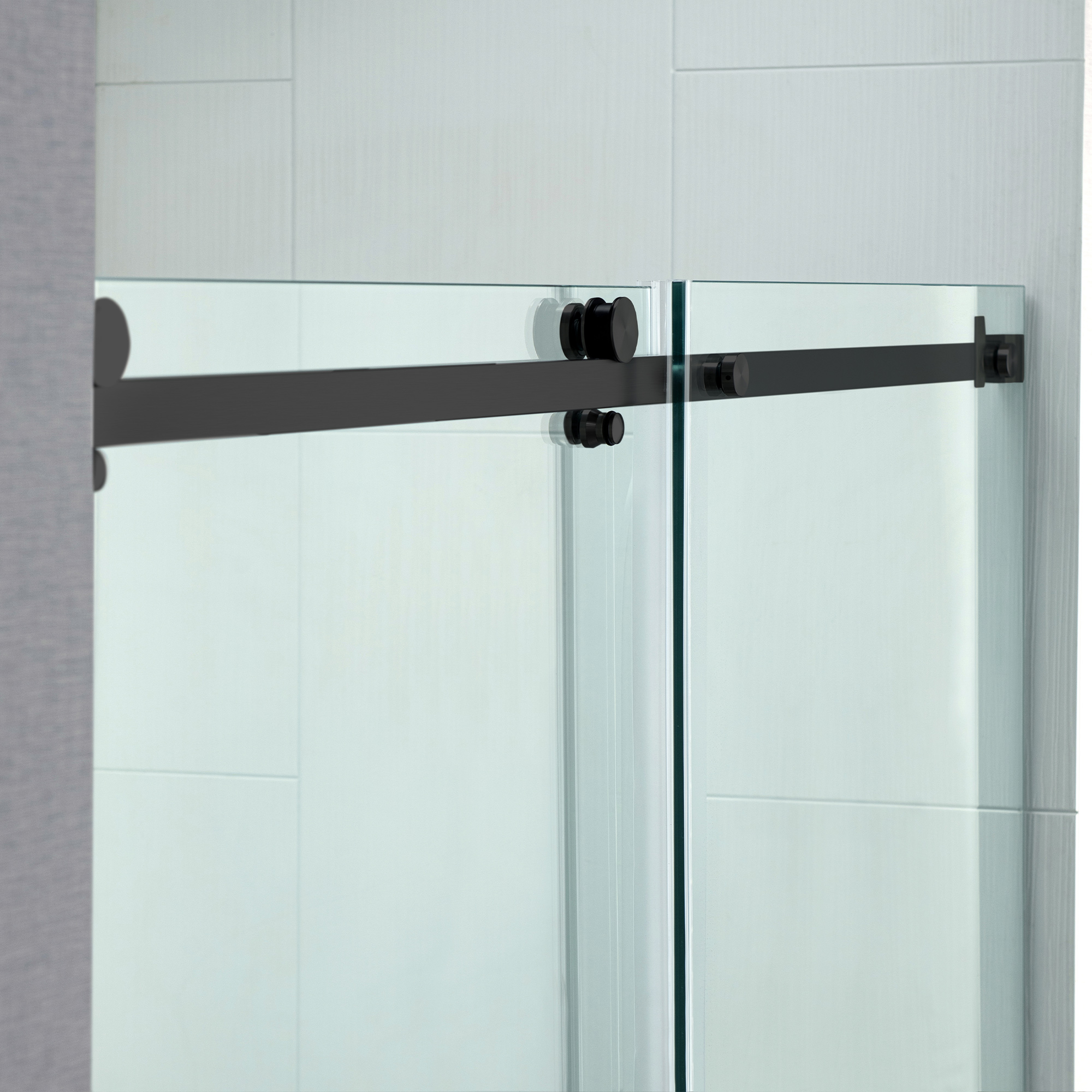  WOODBRIDGE Frameless Single Sliding Shower Doors in Matte Black Finish, 44-48