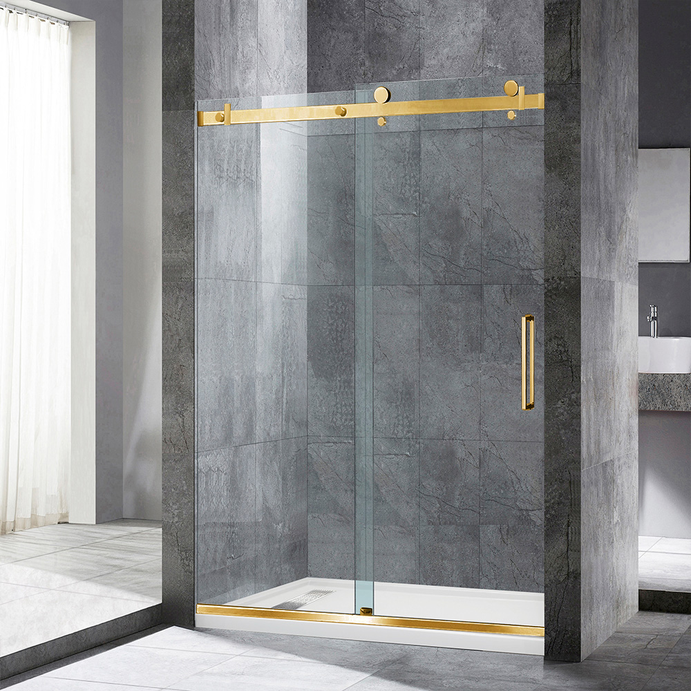  WOODBRIDGE Frameless Single Sliding Shower Doors in Brushed Gold Finish, 44-48