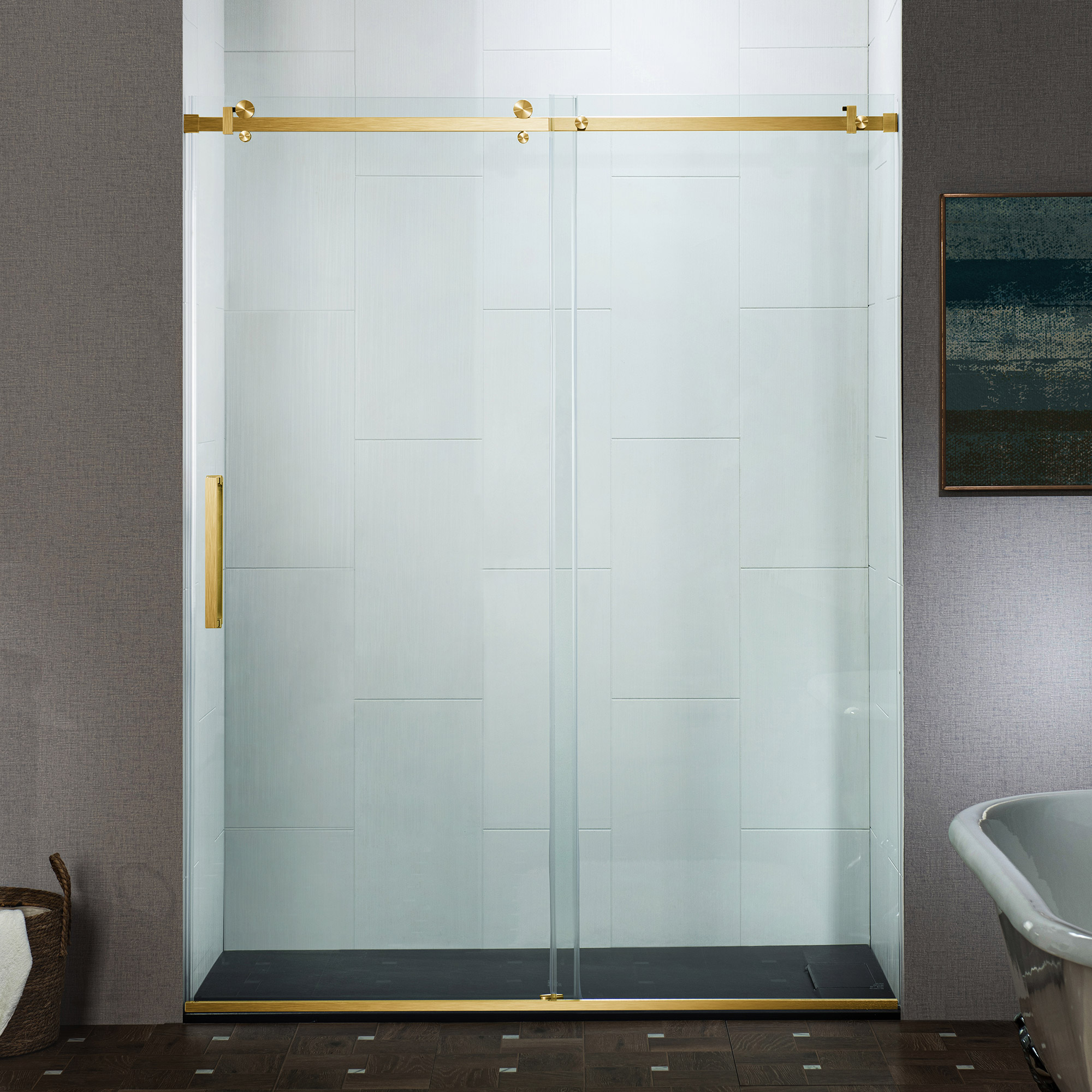  WOODBRIDGE Frameless Single Sliding Shower Doors in Brushed Gold Finish, 44-48