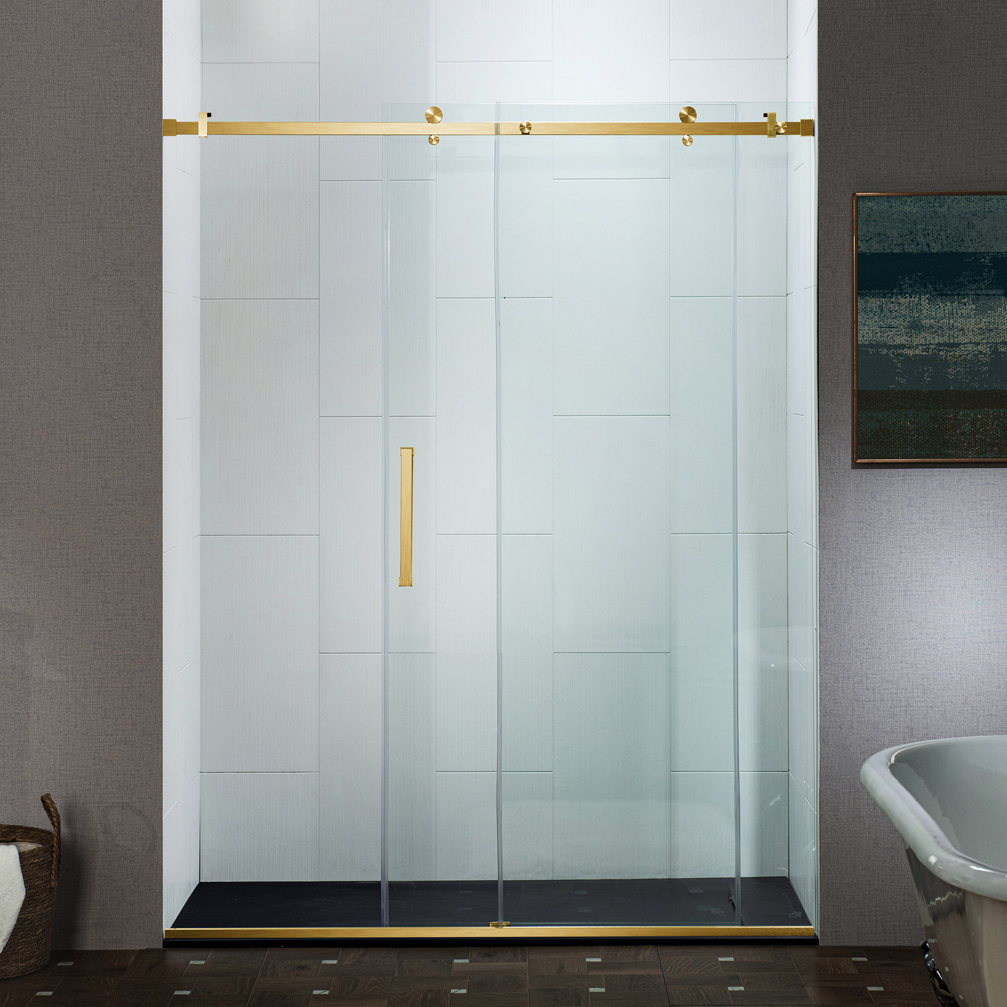  WOODBRIDGE Frameless Single Sliding Shower Doors in Brushed Gold Finish, 44-48