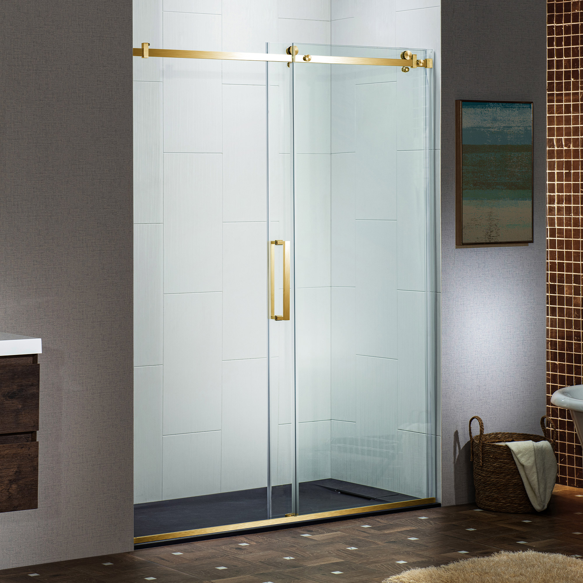  WOODBRIDGE Frameless Single Sliding Shower Doors in Brushed Gold Finish, 44-48