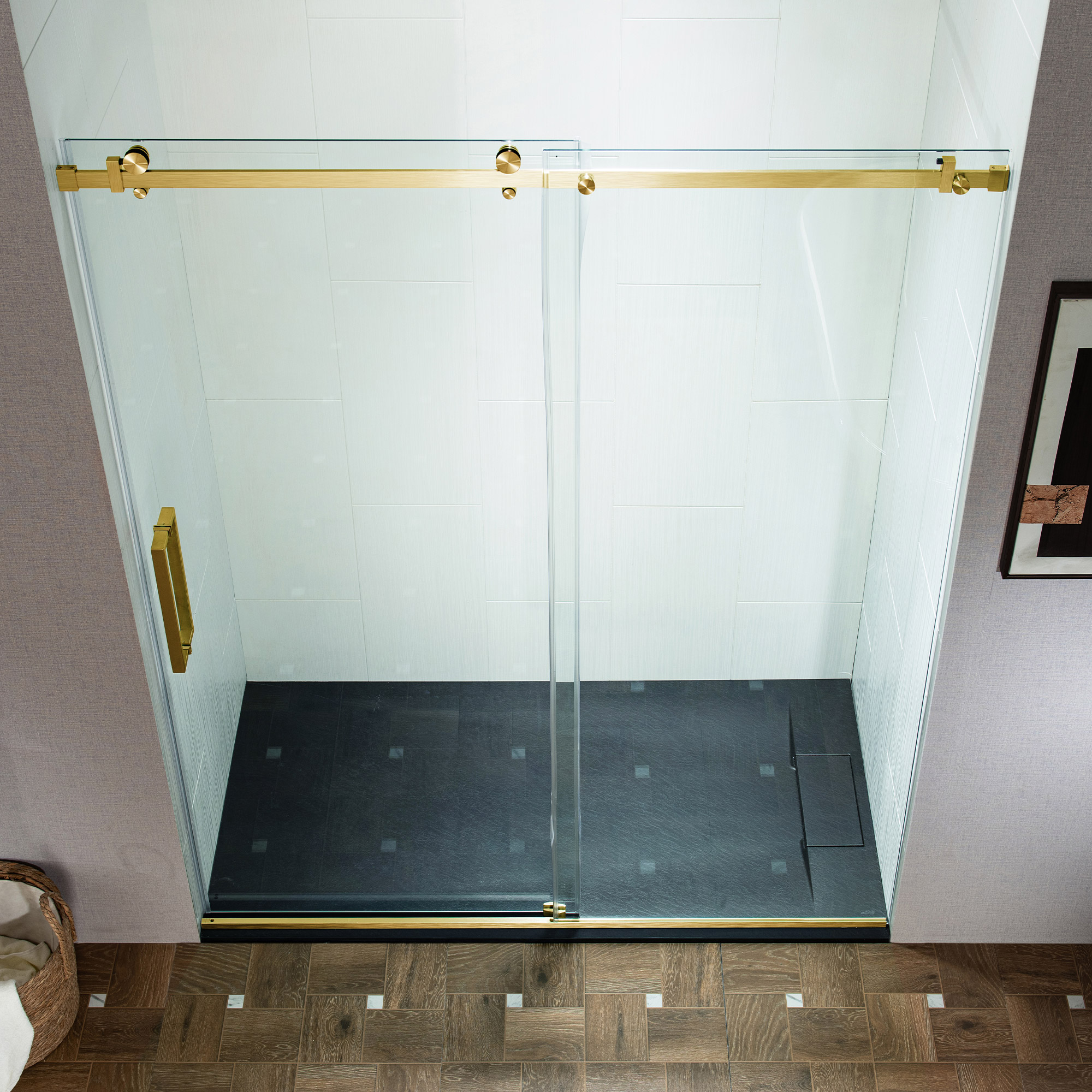  WOODBRIDGE Frameless Single Sliding Shower Doors in Brushed Gold Finish, 44-48