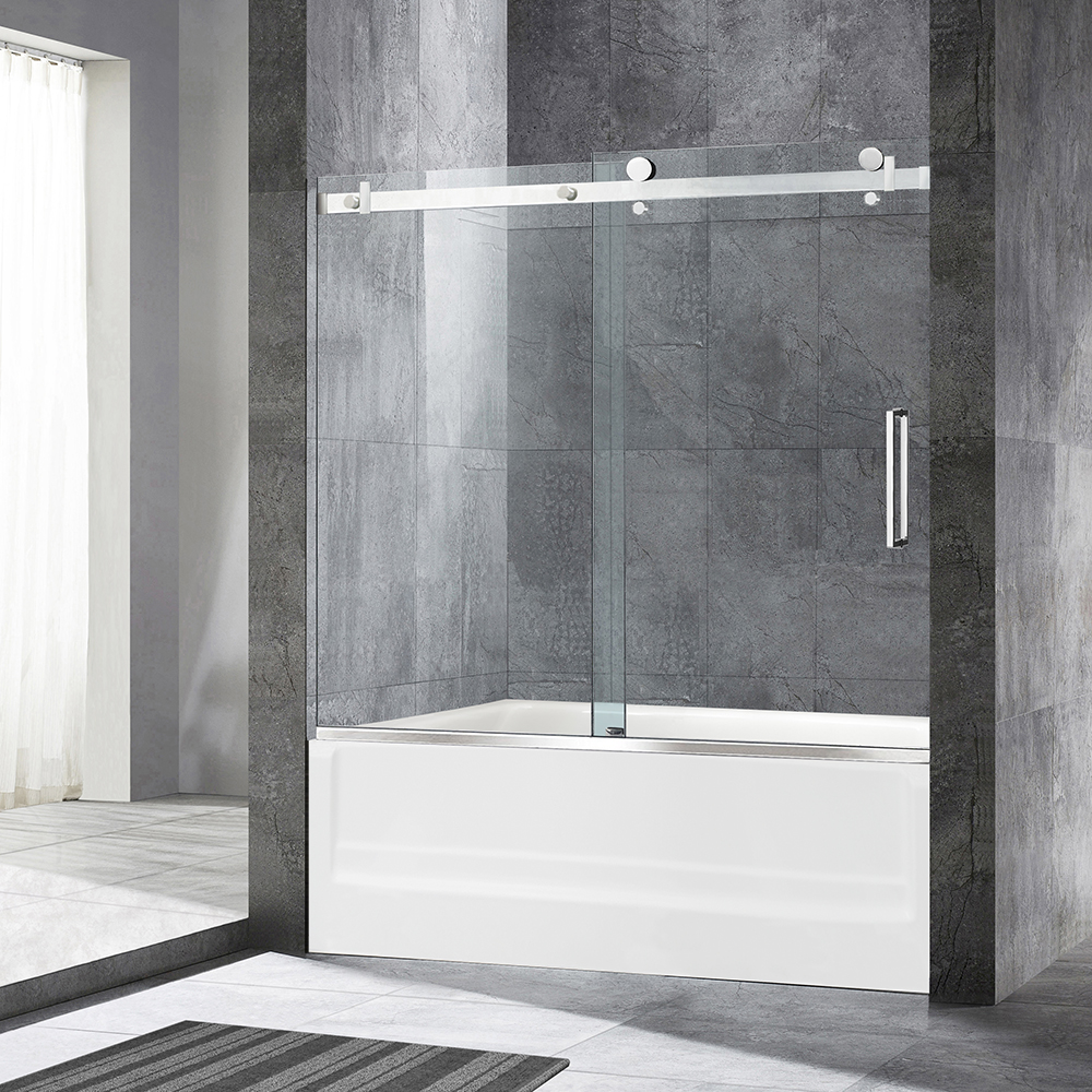  WOODBRIDGE Frameless Single Sliding Shower Doors in Brushed Nickel Finish, 56-60