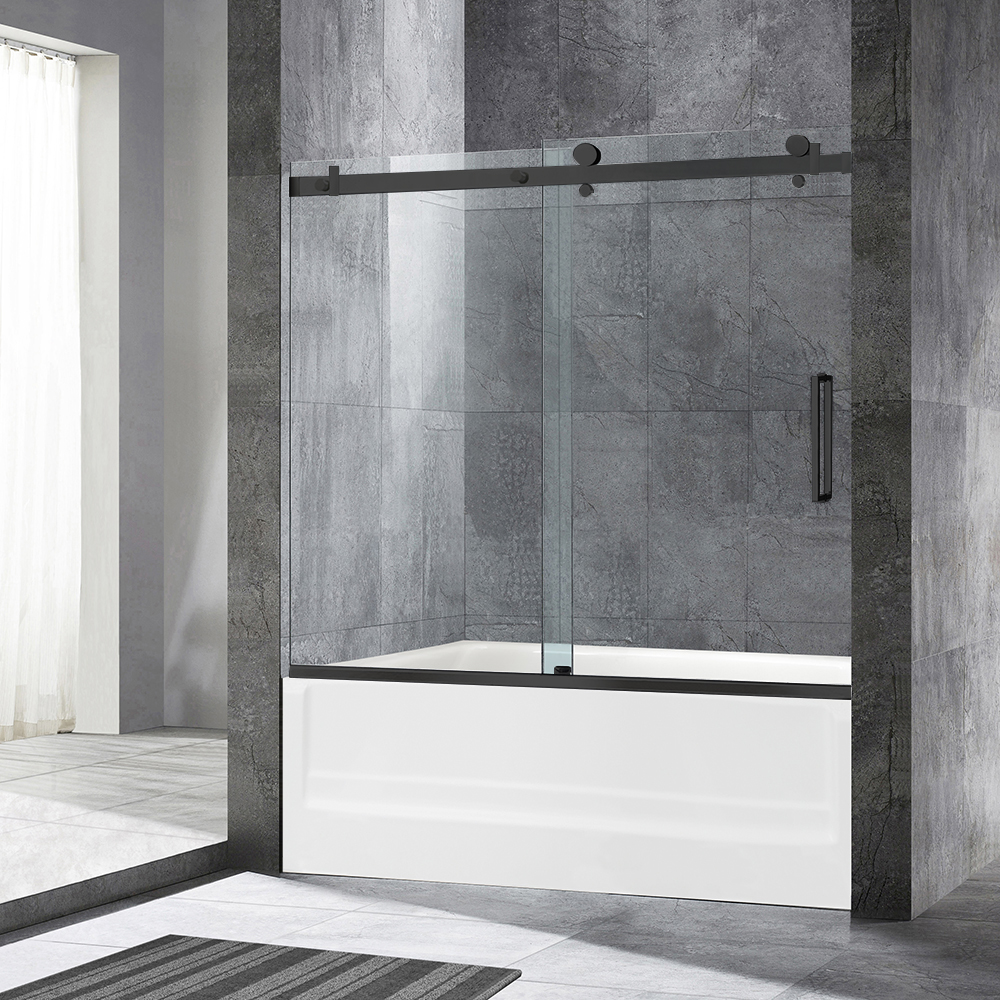  WOODBRIDGE Frameless Single Sliding Shower Doors in Matte Black Finish, 56-60