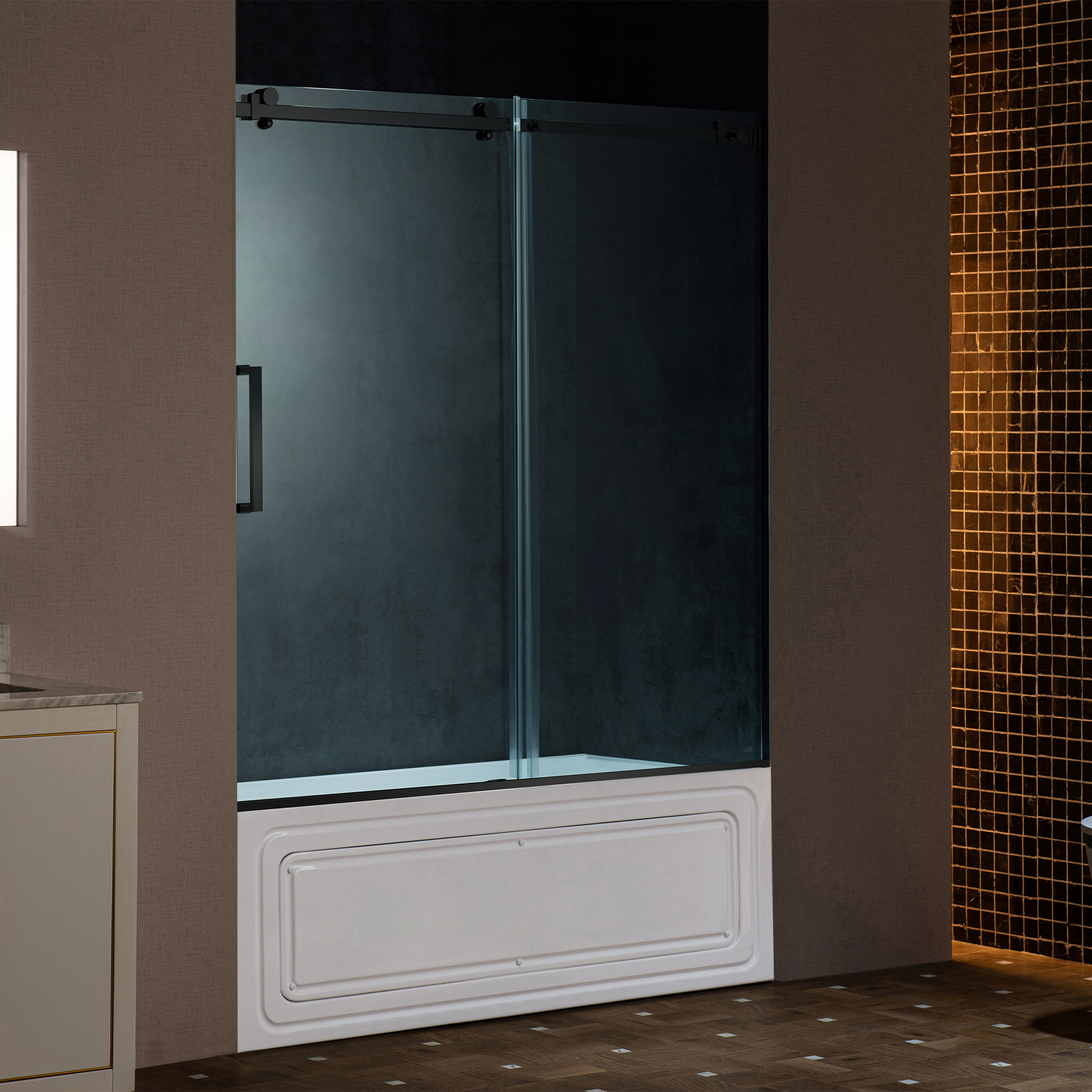  WOODBRIDGE Frameless Single Sliding Shower Doors in Matte Black Finish, 56-60