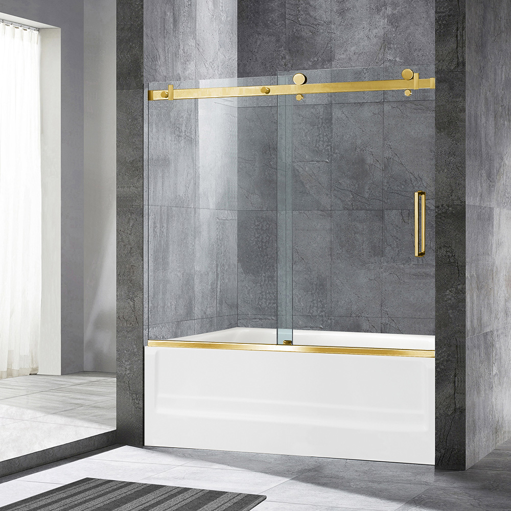  WOODBRIDGE Frameless Single Sliding Shower Doors in Brushed Gold Finish, 56-60