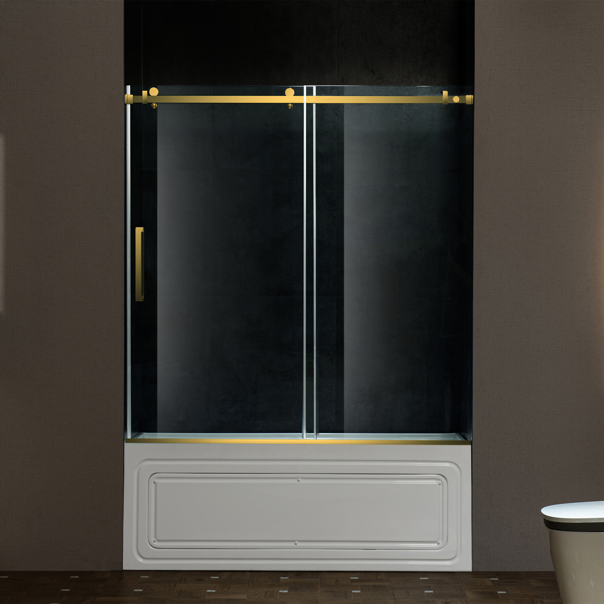  WOODBRIDGE Frameless Single Sliding Shower Doors in Brushed Gold Finish, 56-60