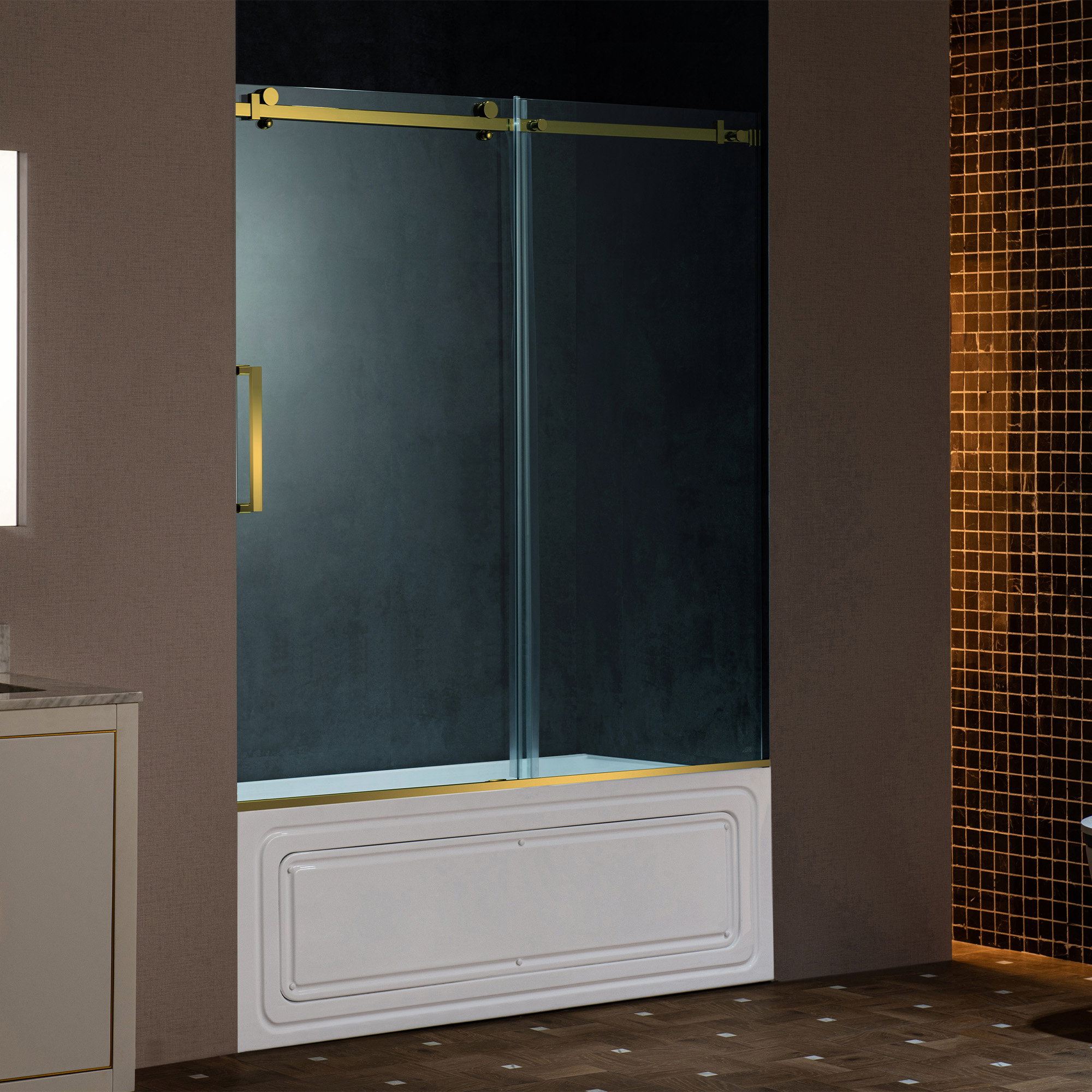  WOODBRIDGE Frameless Single Sliding Shower Doors in Brushed Gold Finish, 56-60