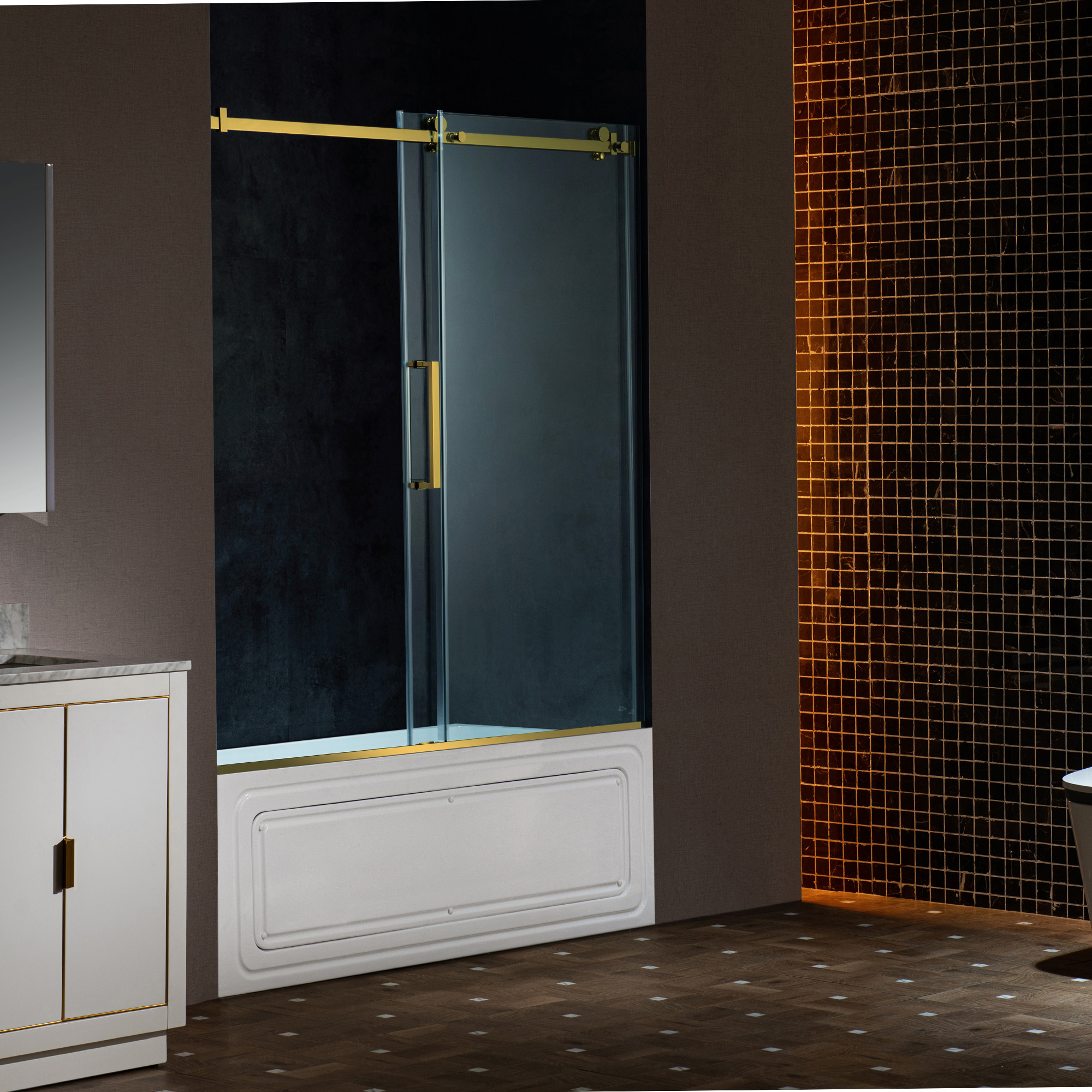  WOODBRIDGE Frameless Single Sliding Shower Doors in Brushed Gold Finish, 56-60