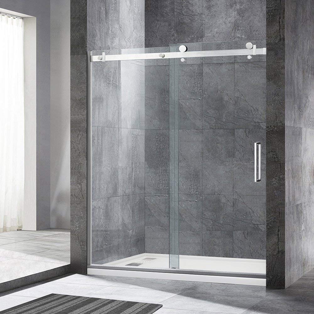  WOODBRIDGE Frameless Single Sliding Shower Doors in Brushed Nickel Finish, 56-60