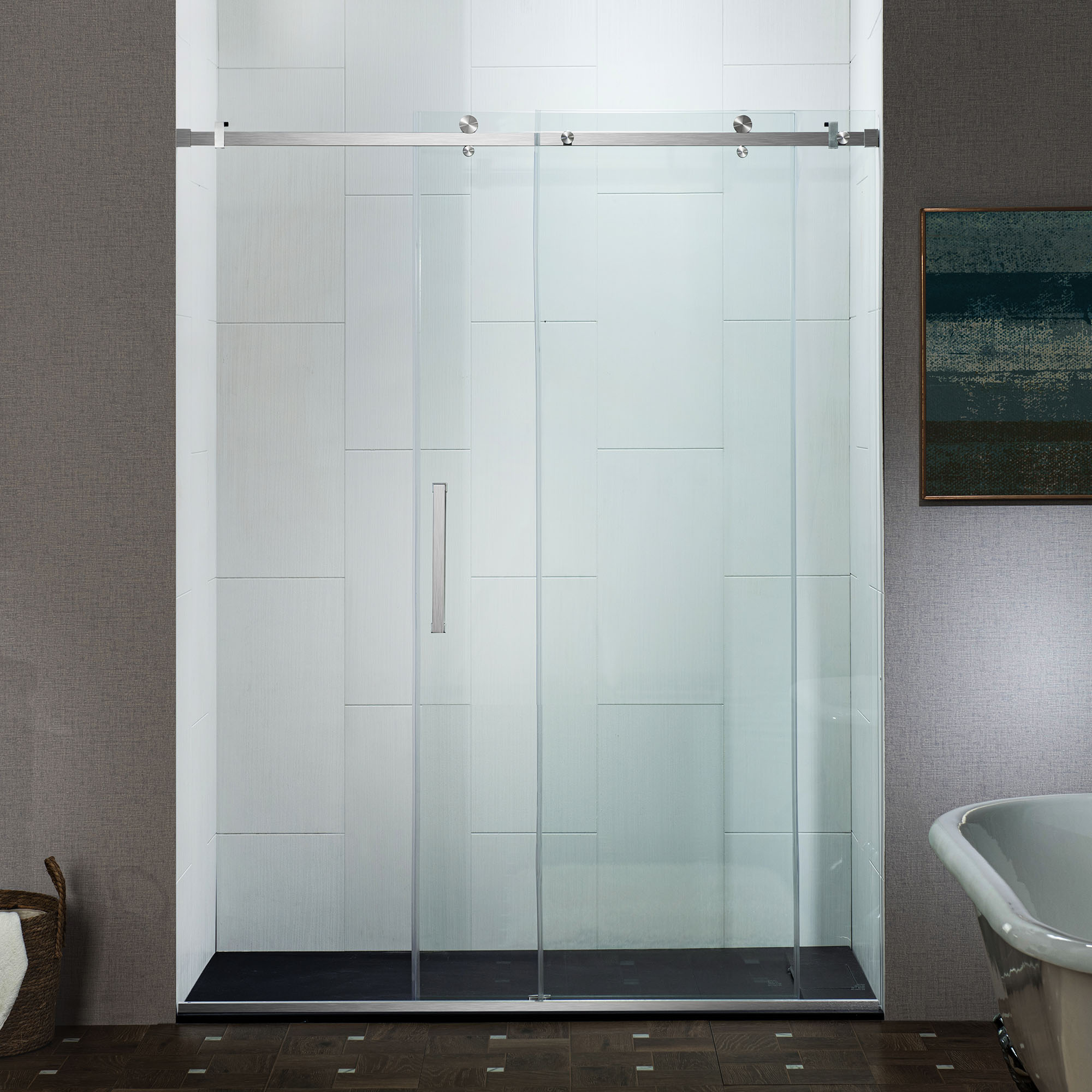  WOODBRIDGE Frameless Single Sliding Shower Doors in Brushed Nickel Finish, 56-60